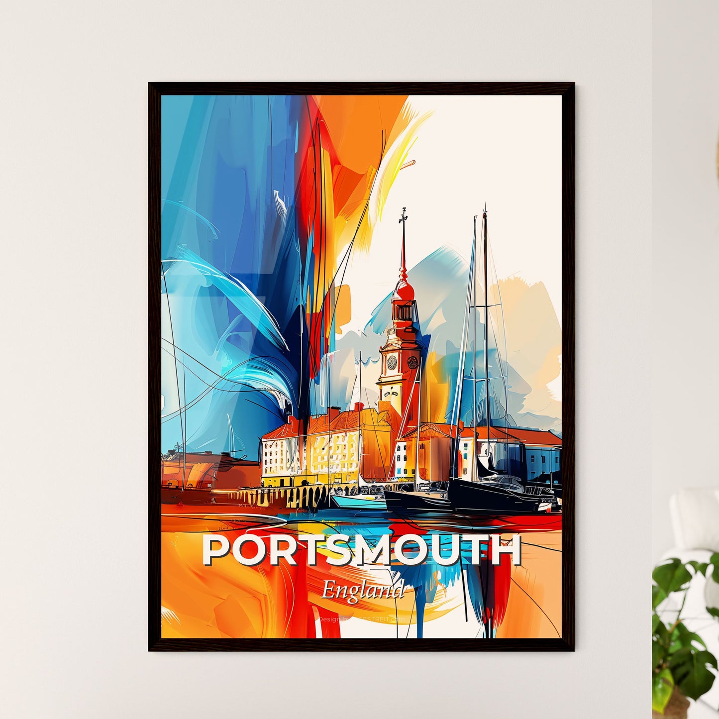 Vibrant Portsmouth, England - A Painting Of A City With Boats And Buildings