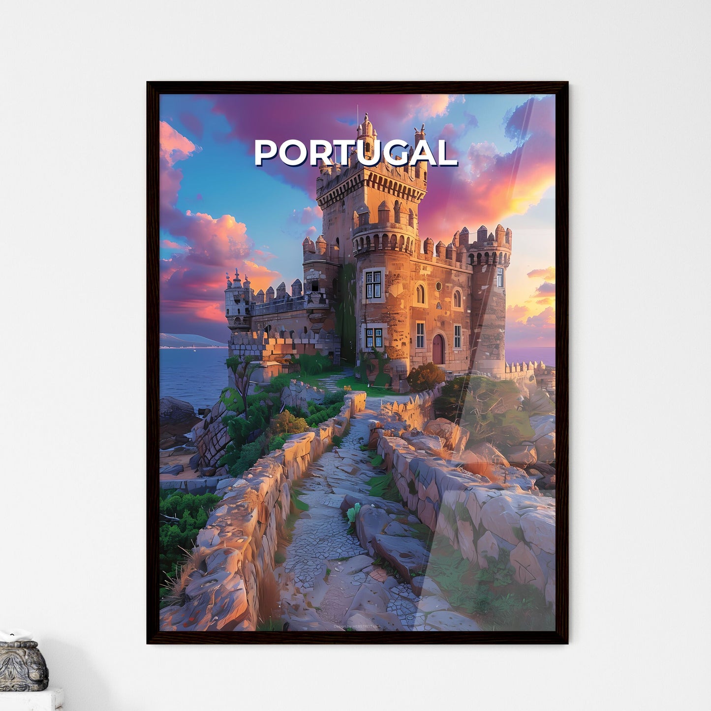 Artistic Painting of a Majestic Castle on a Cliffside Island in Portugal, Europe