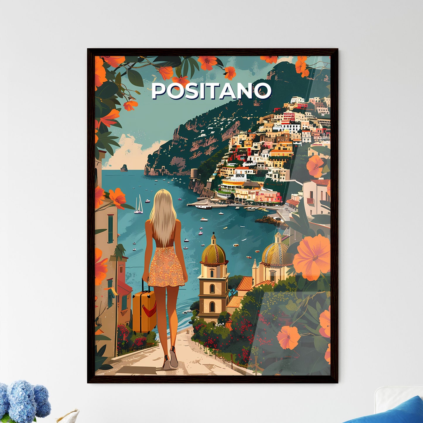 Positano, Italy - vibrant painting, path, woman, water, buildings, art, color, architecture, scenery, travel