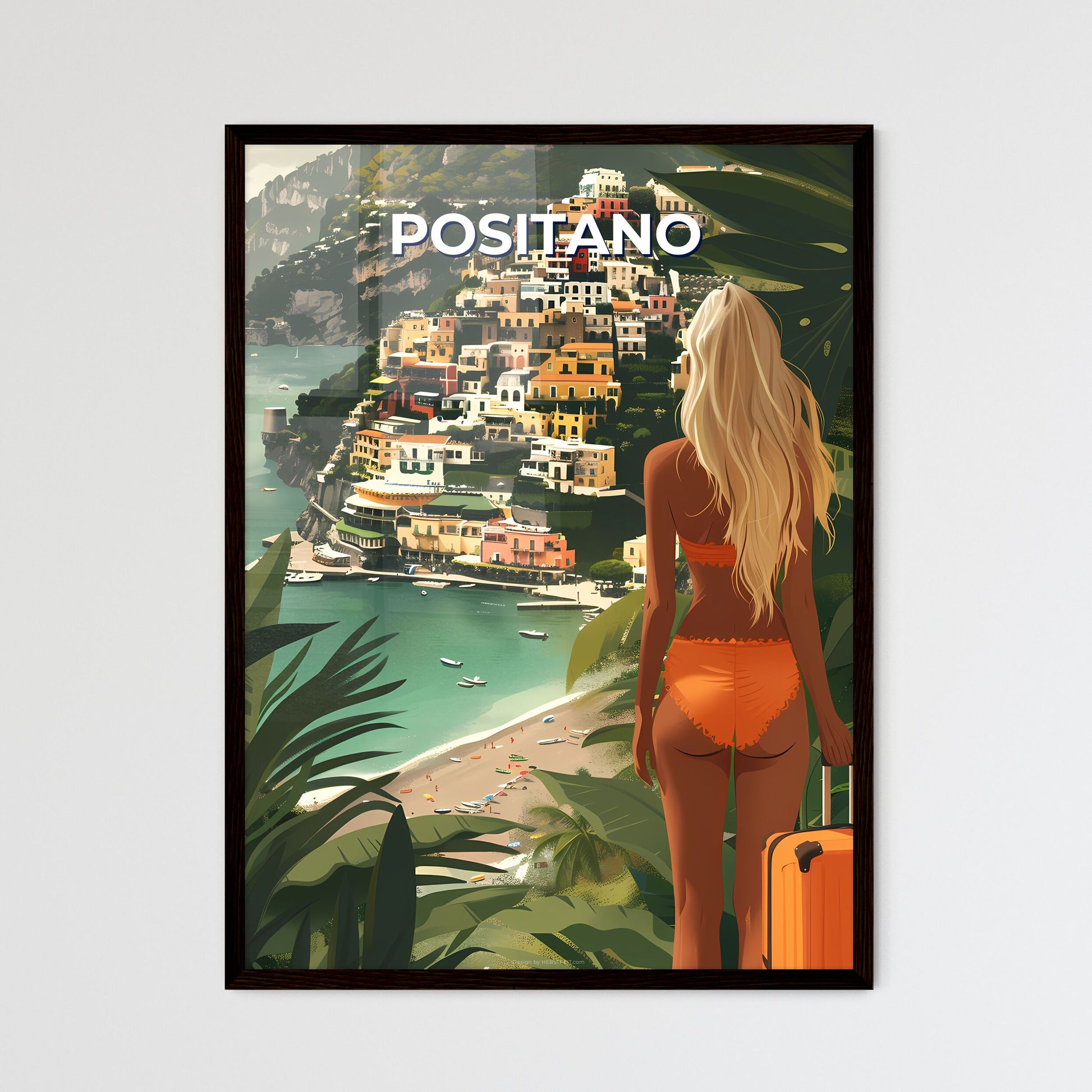 Vibrant Painting of Positano Woman with City View, Abstract Art