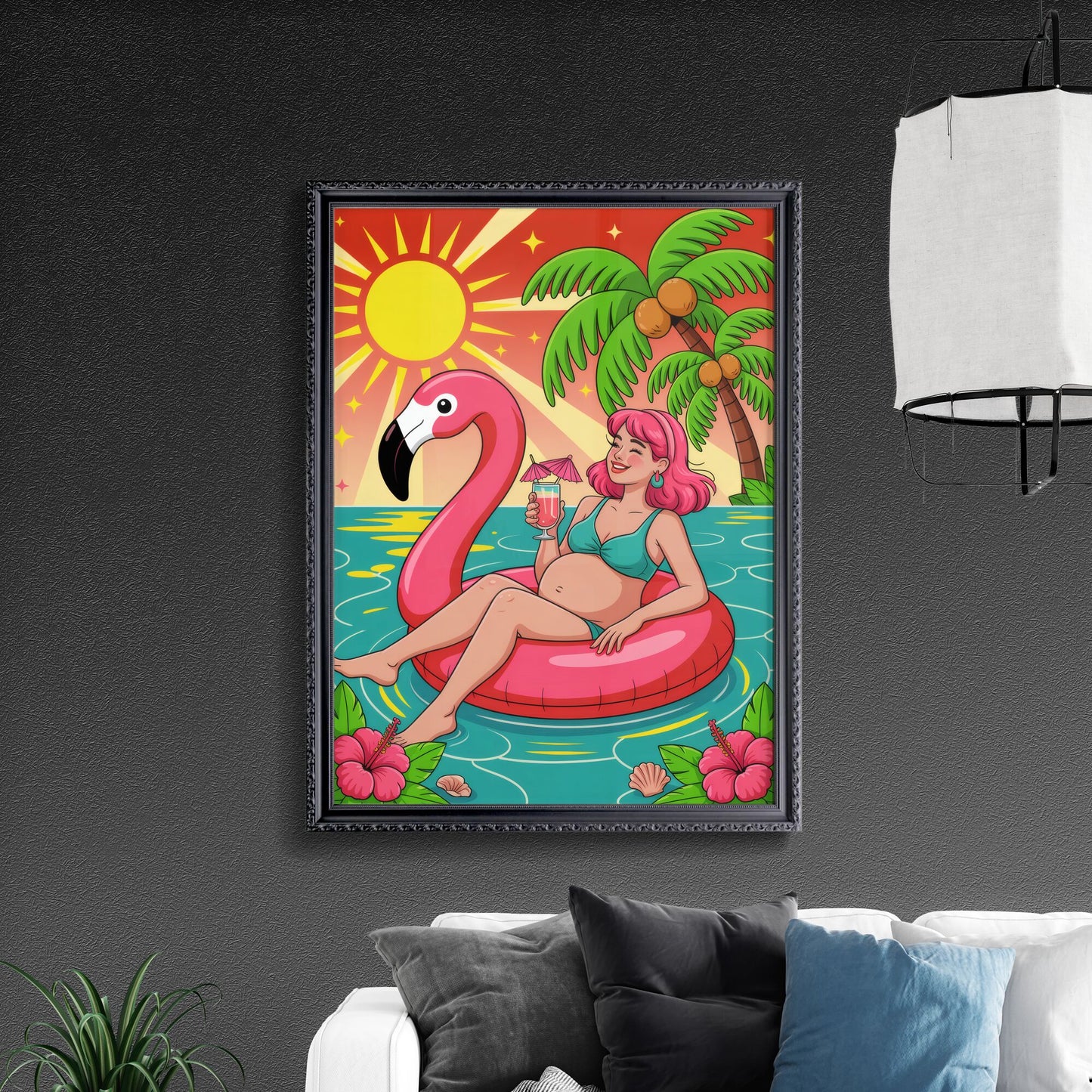 Pregnant Woman Relaxing on Flamingo Float with Tropical Drink Under the Sun