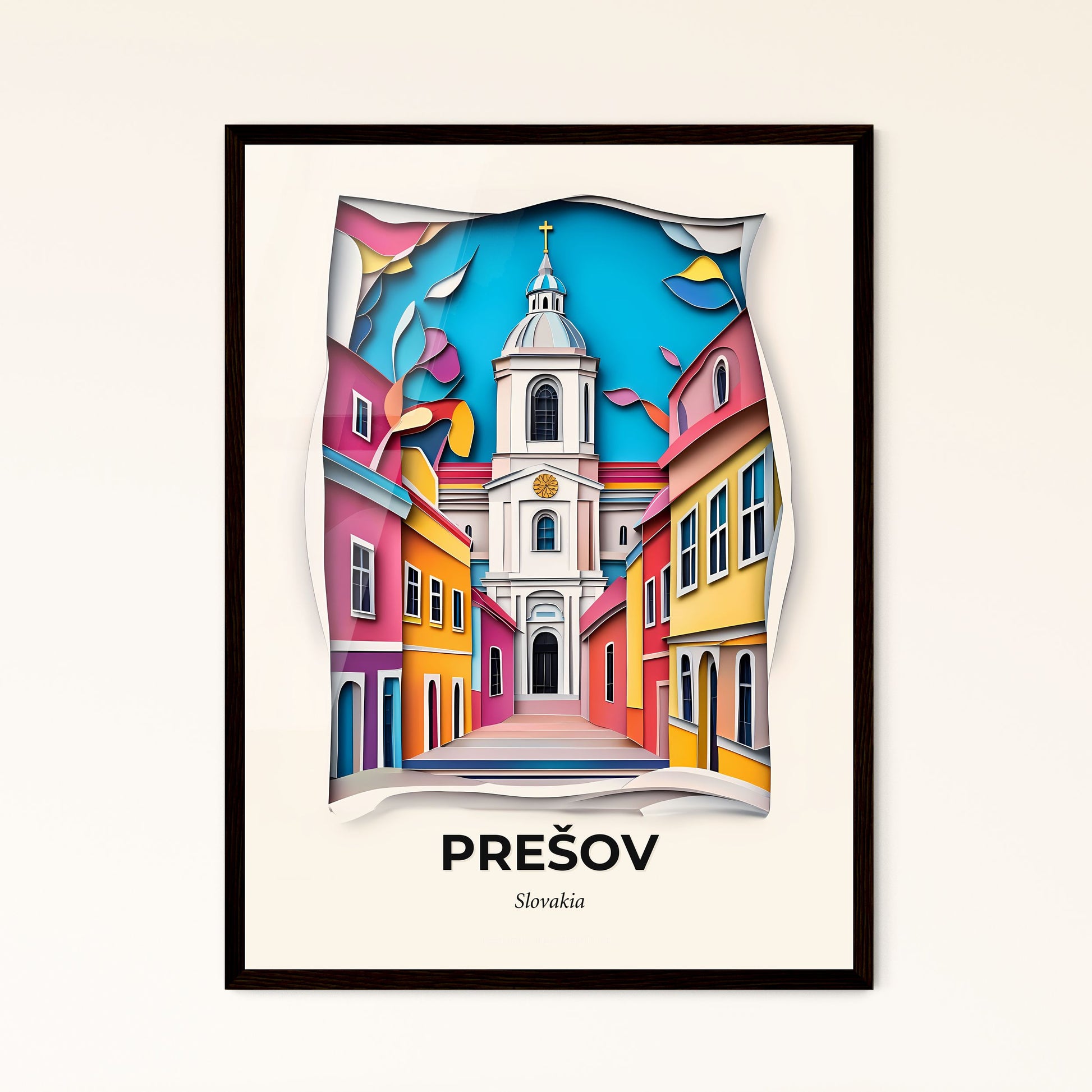 Vivid Prešov, Slovakia - a paper cut of a church tower in a city