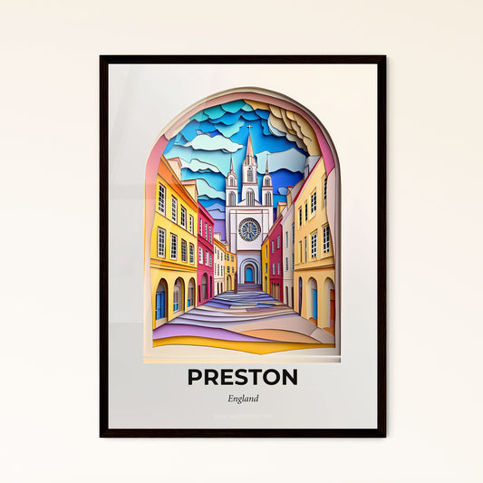 Vivid Preston, England - a painting of a street with a clock tower