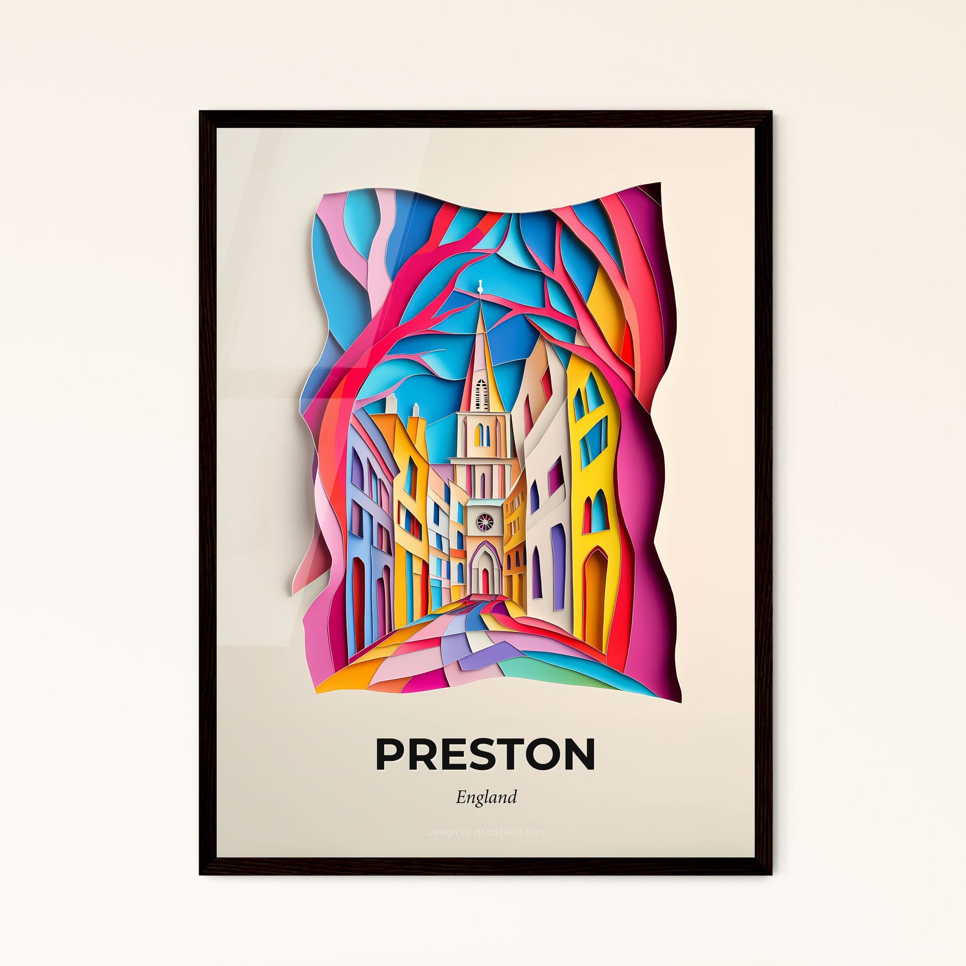 Vivid Preston, England - a colorful paper cut of a church and a tree