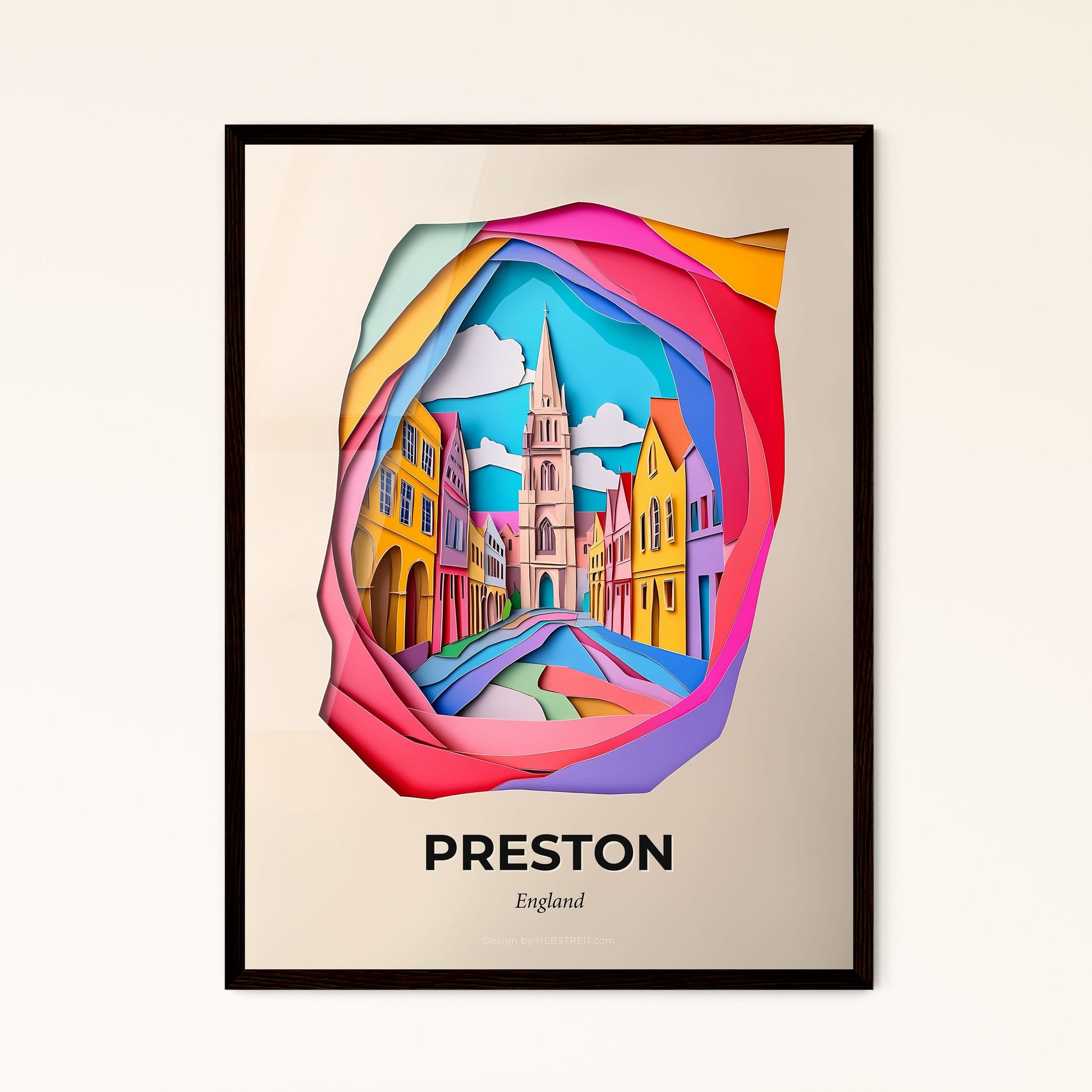 Vivid Preston, England - a colorful paper cut of a city with a clock tower