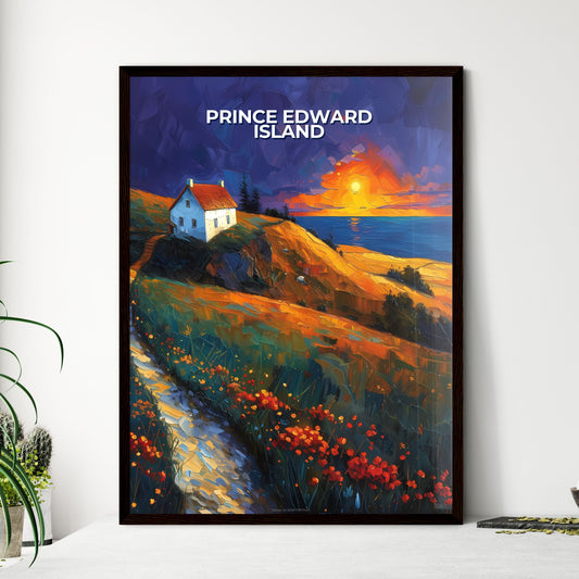Vibrant Painting of a House on a Hill in Prince Edward Island, Canada, with Flowers and a Picturesque Sunset Landscape Framed Art