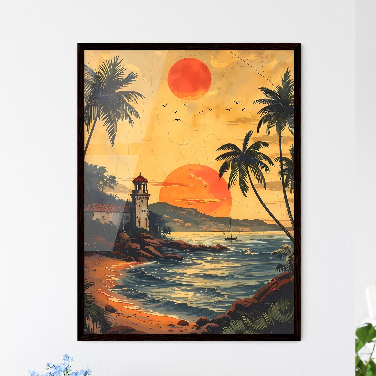 Detailed historical Mozambique label template with beach, palm trees, lighthouse, vibrant painting, vintage, sketch style Framed Art