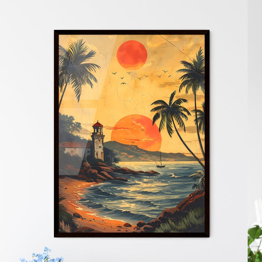 Detailed historical Mozambique label template with beach, palm trees, lighthouse, vibrant painting, vintage, sketch style Framed Art