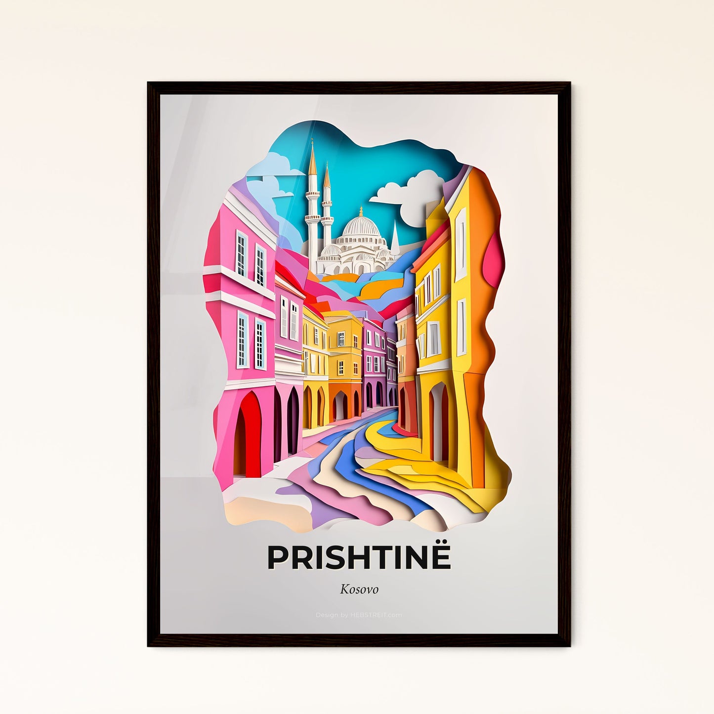 Vivid Prishtinë / Priština, Kosovo - a paper cut of a city with a mosque in the background