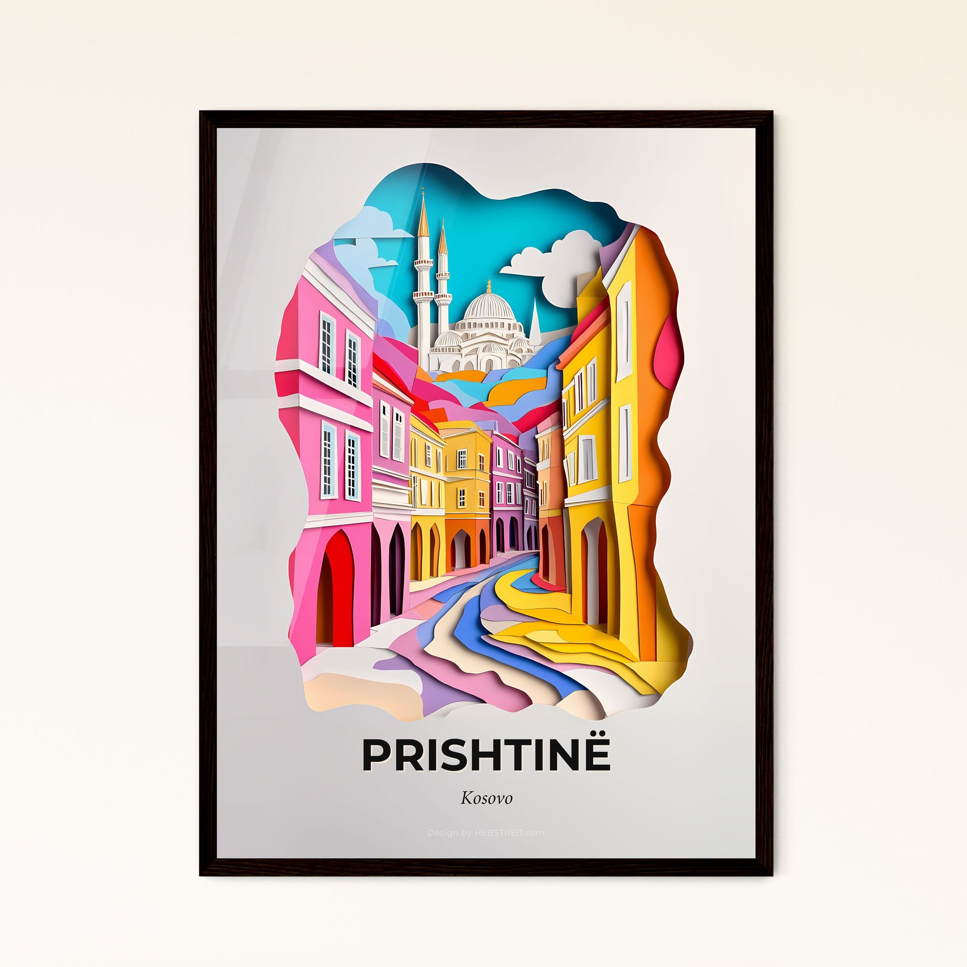 Vivid Prishtinë / Priština, Kosovo - a paper cut of a city with a mosque in the background