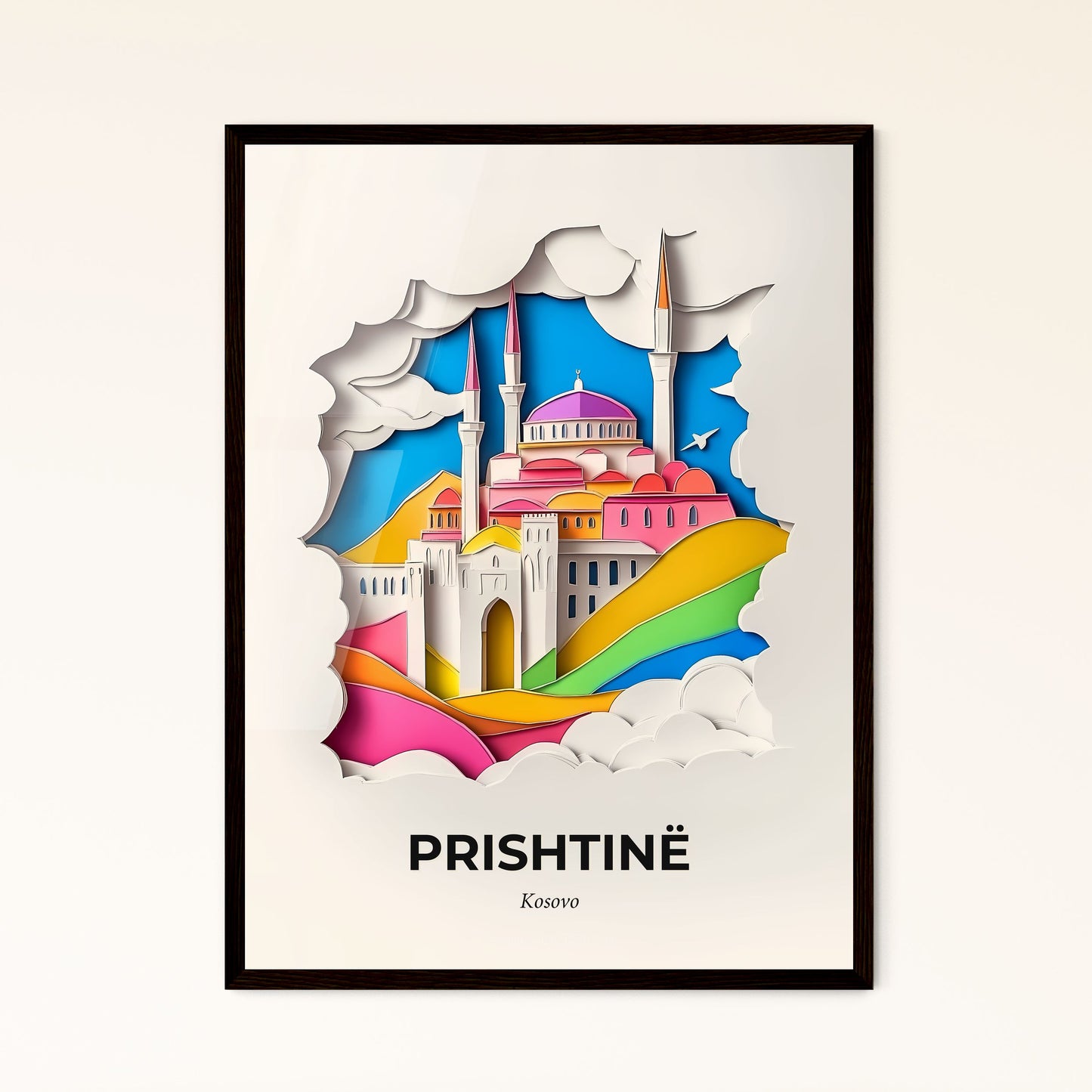 Vivid Prishtinë / Priština, Kosovo - a paper cut of a mosque with a rainbow roof