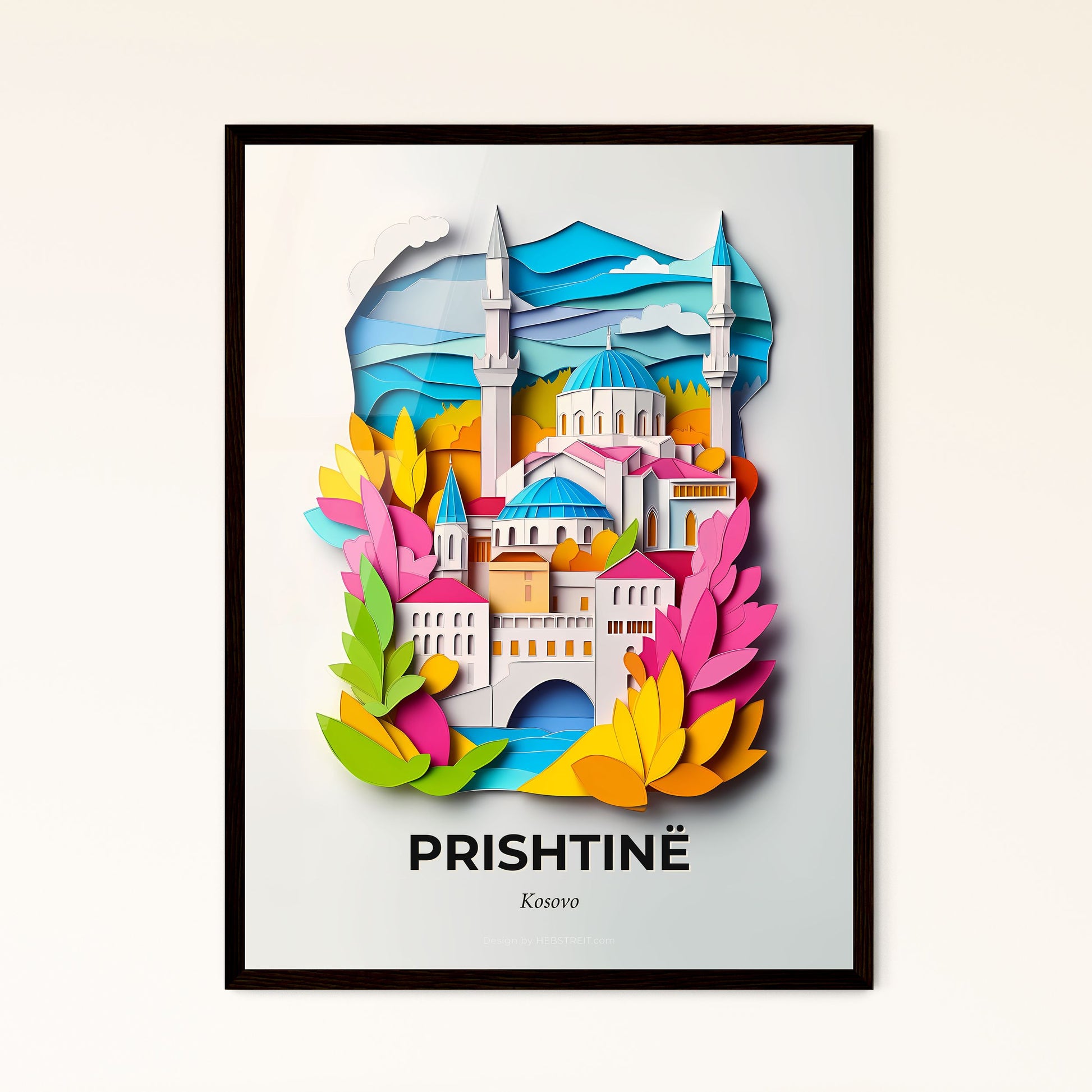 Vivid Prishtinë / Priština, Kosovo - a paper cut of a mosque with a blue dome