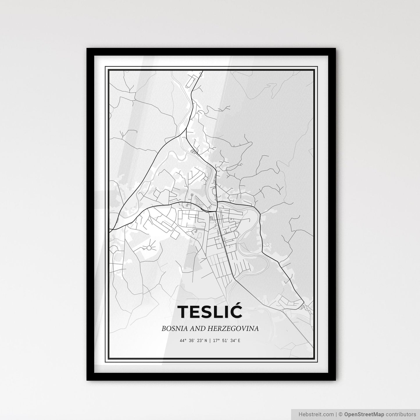 Teslić Bosnia and Herzegovina - Scandinavian Style City Map for Modern Home Decor
