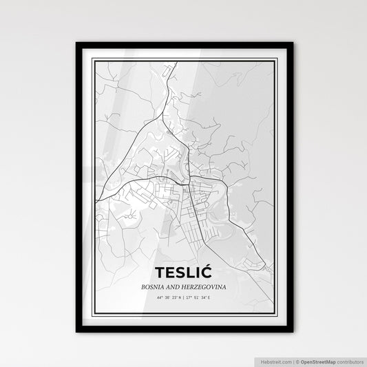Teslić Bosnia and Herzegovina - Scandinavian Style City Map for Modern Home Decor