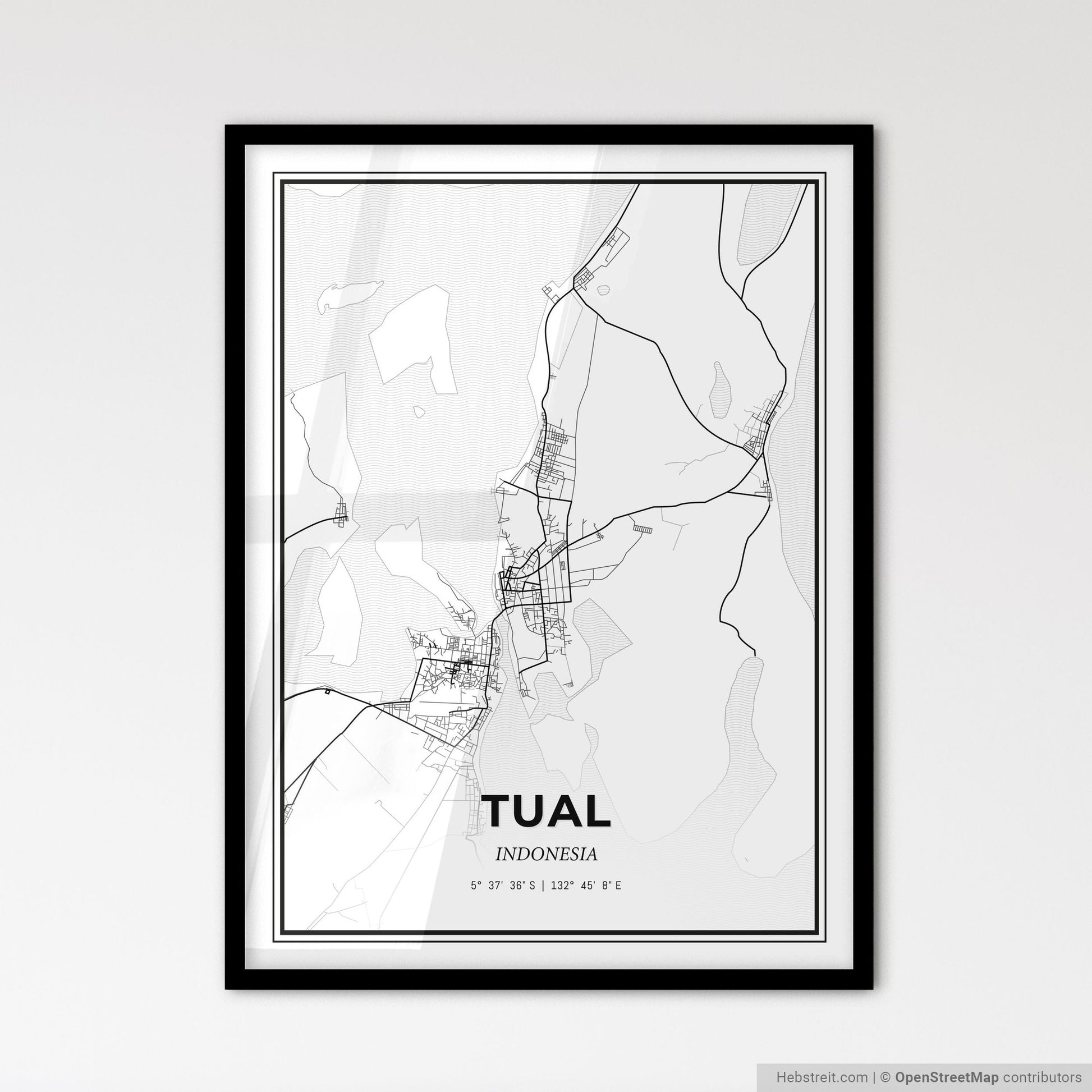 Tual Indonesia - Scandinavian Style City Map for Modern Home Decor