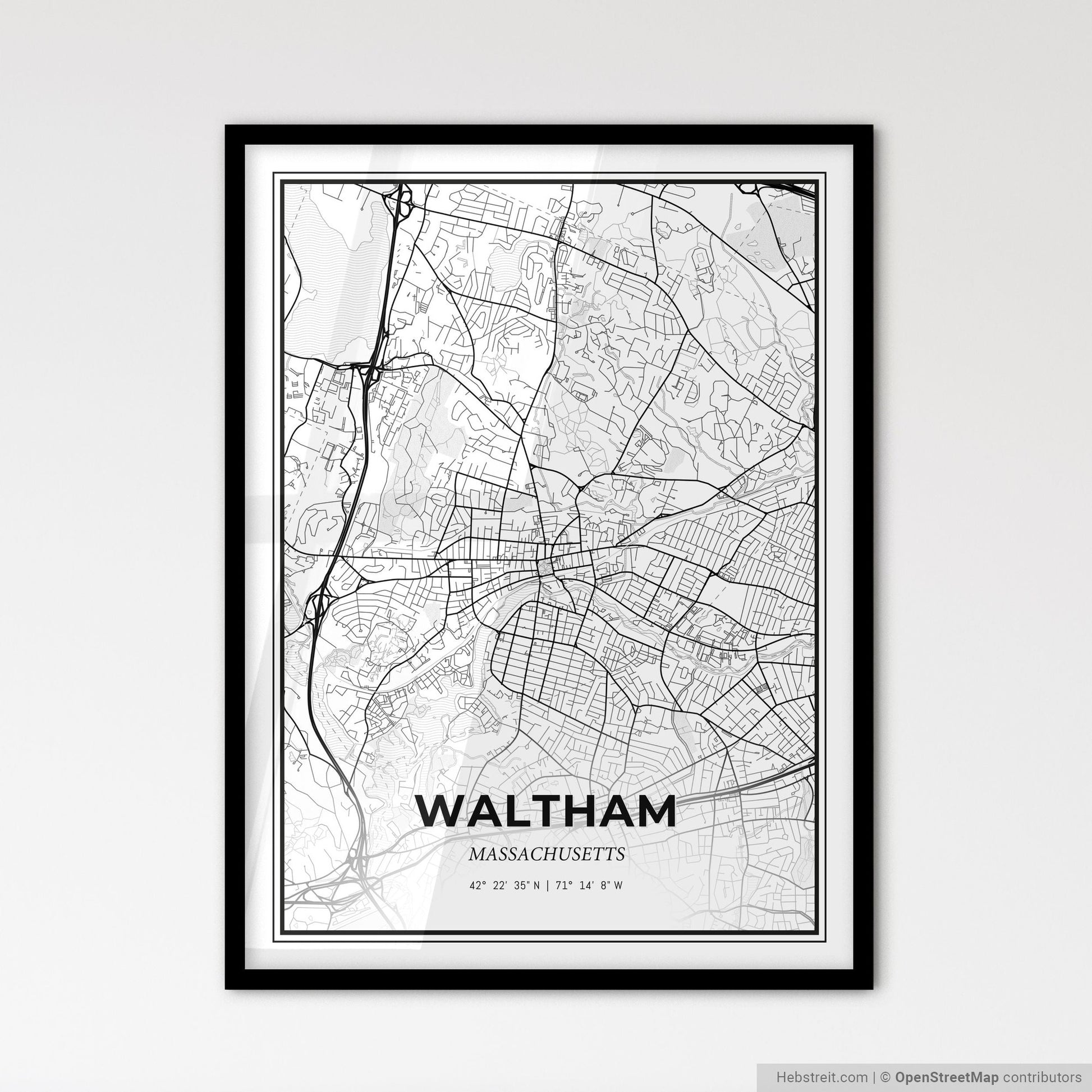 Waltham Massachusetts - Scandinavian Style City Map for Modern Home Decor