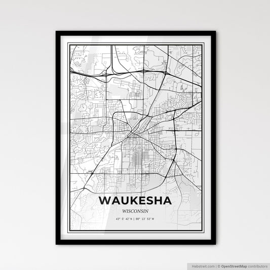 Waukesha Wisconsin - Scandinavian Style City Map for Modern Home Decor