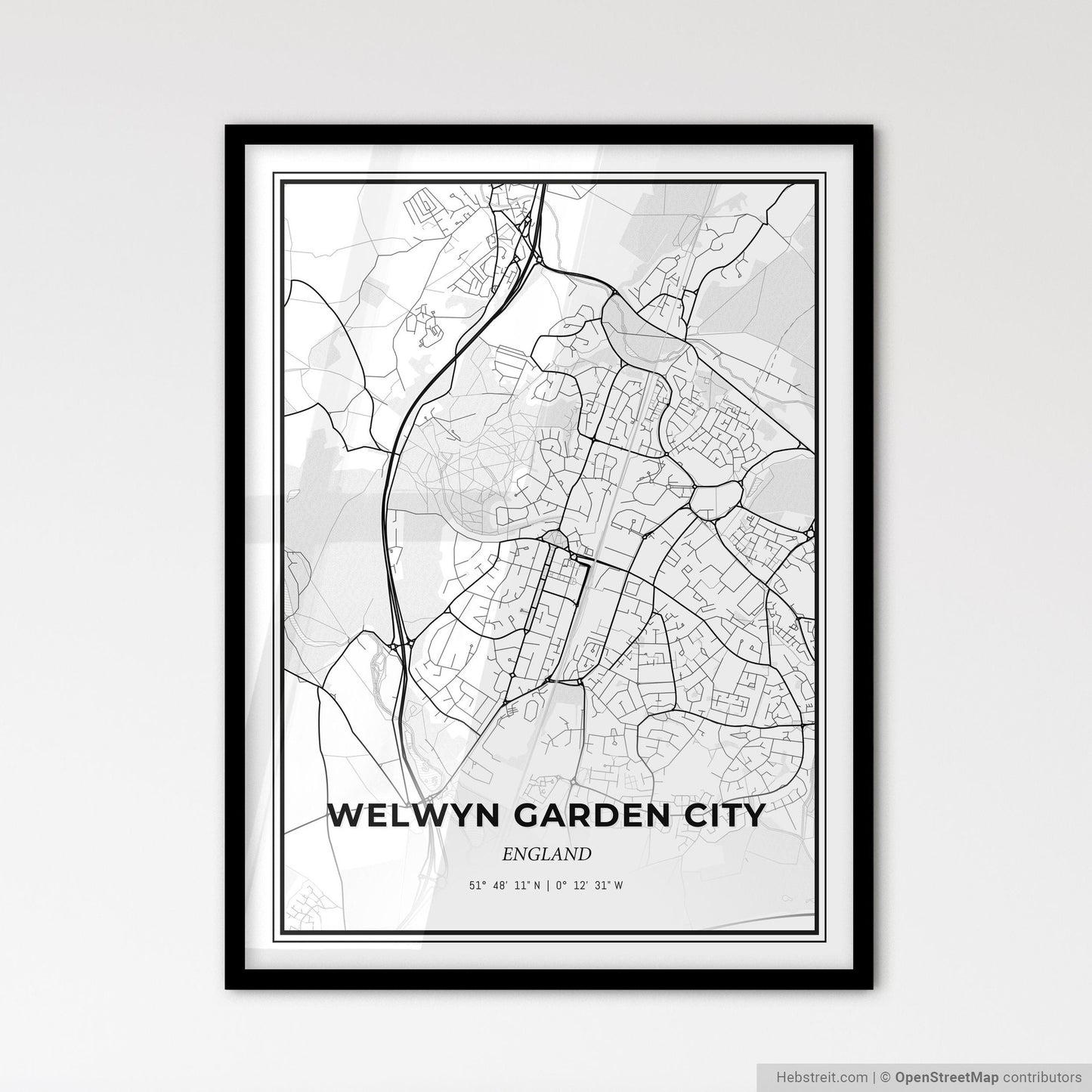 Welwyn Garden City England - Scandinavian Style City Map for Modern Home Decor