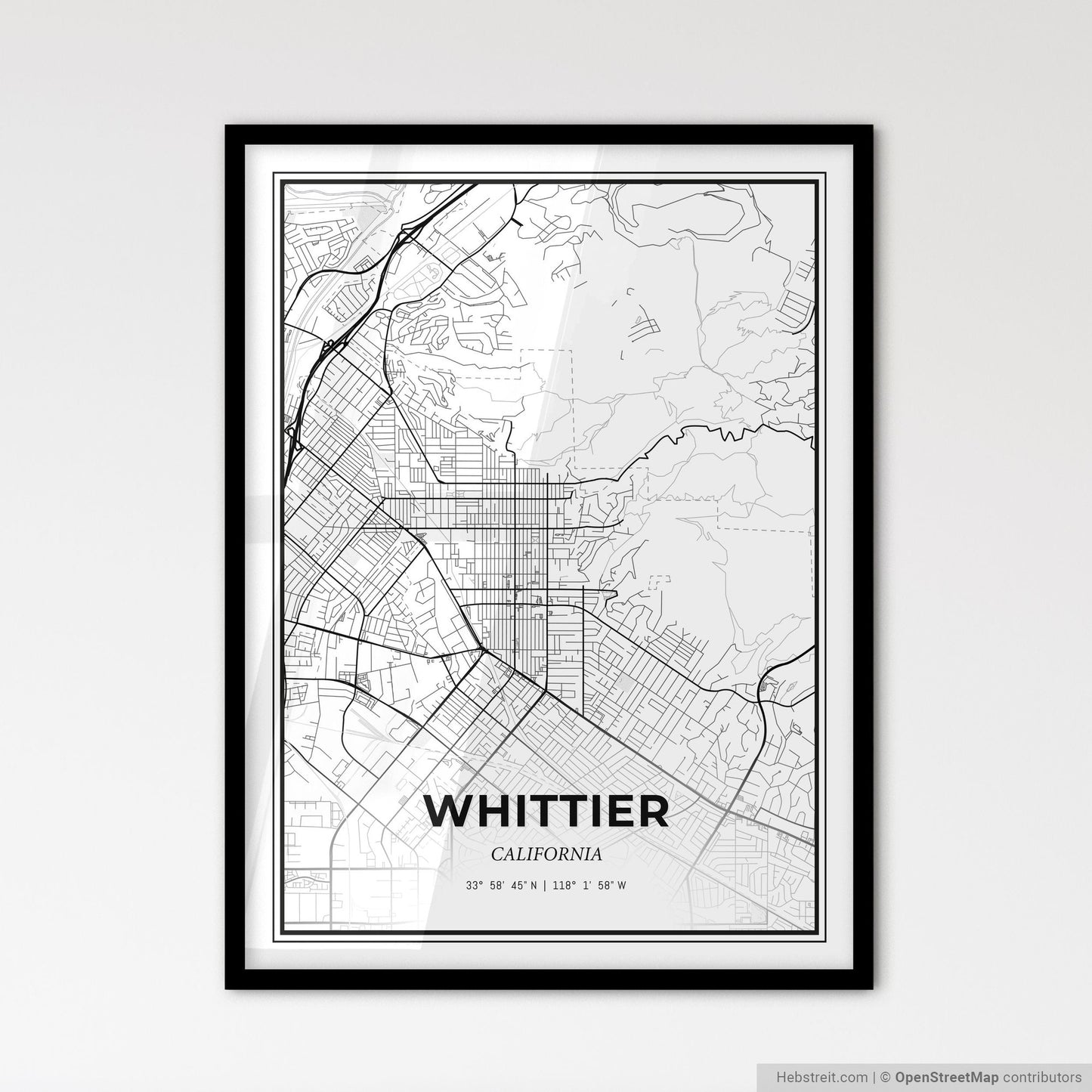 Whittier California - Scandinavian Style City Map for Modern Home Decor