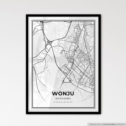 Wonju South Korea - Scandinavian Style City Map for Modern Home Decor