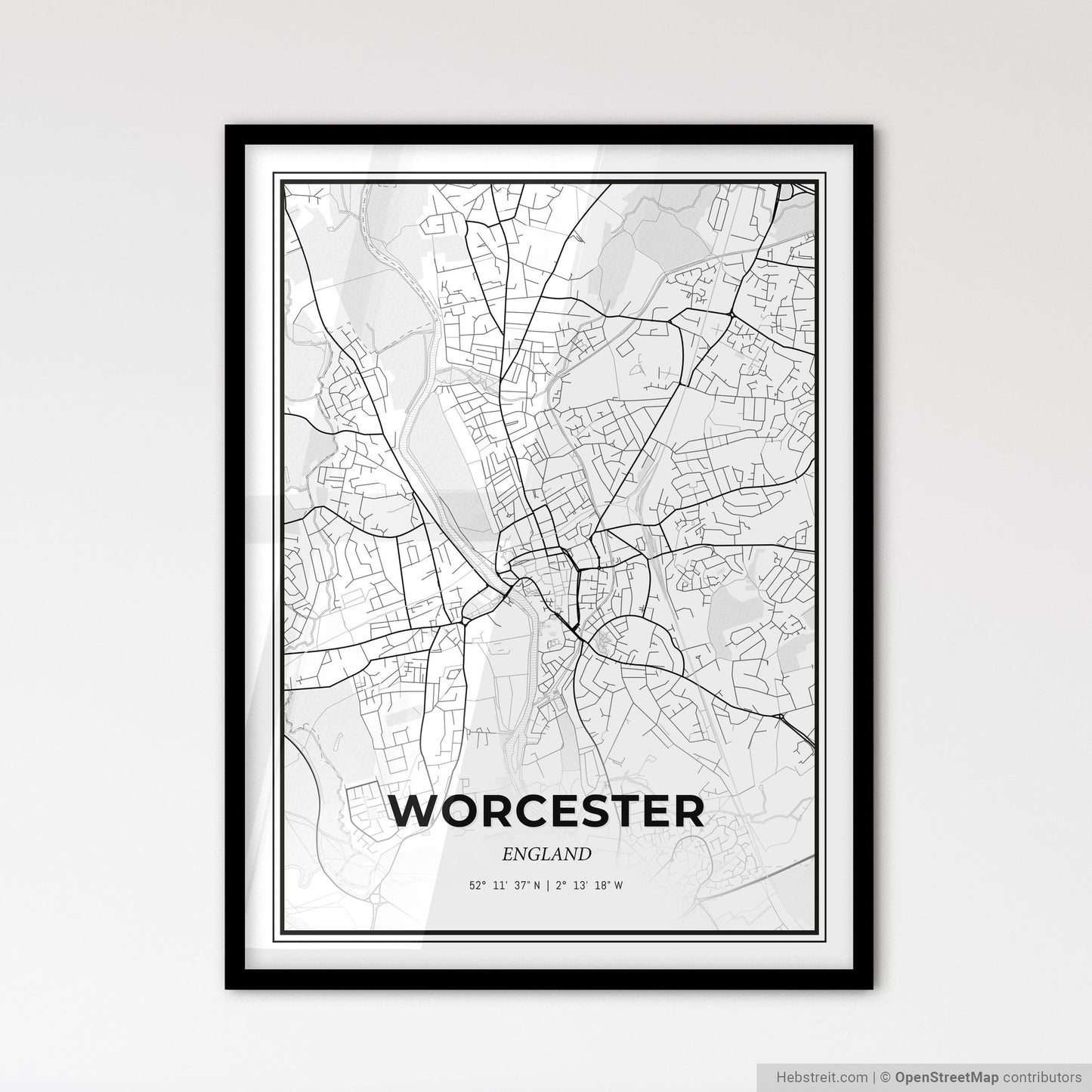 Worcester England - Scandinavian Style City Map for Modern Home Decor