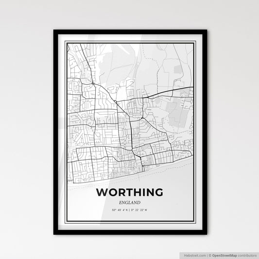 Worthing England - Scandinavian Style City Map for Modern Home Decor