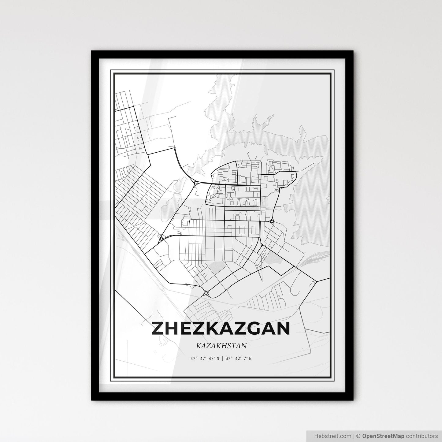 Zhezkazgan Kazakhstan - Scandinavian Style City Map for Modern Home Decor