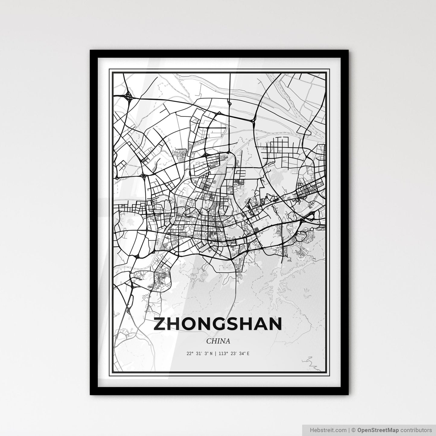 Zhongshan China - Scandinavian Style City Map for Modern Home Decor