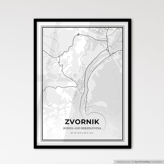 Zvornik Bosnia and Herzegovina - Scandinavian Style City Map for Modern Home Decor