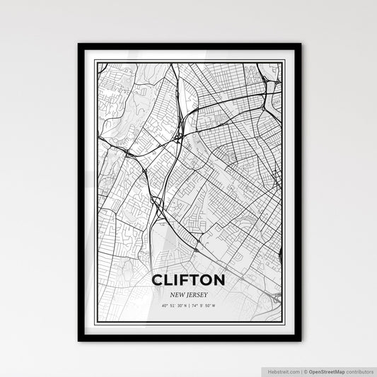 Clifton New Jersey - Scandinavian Style City Map for Modern Home Decor
