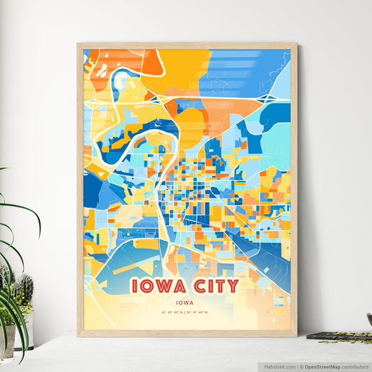 Colorful Iowa City Iowa Fine Art Map Blue Orange