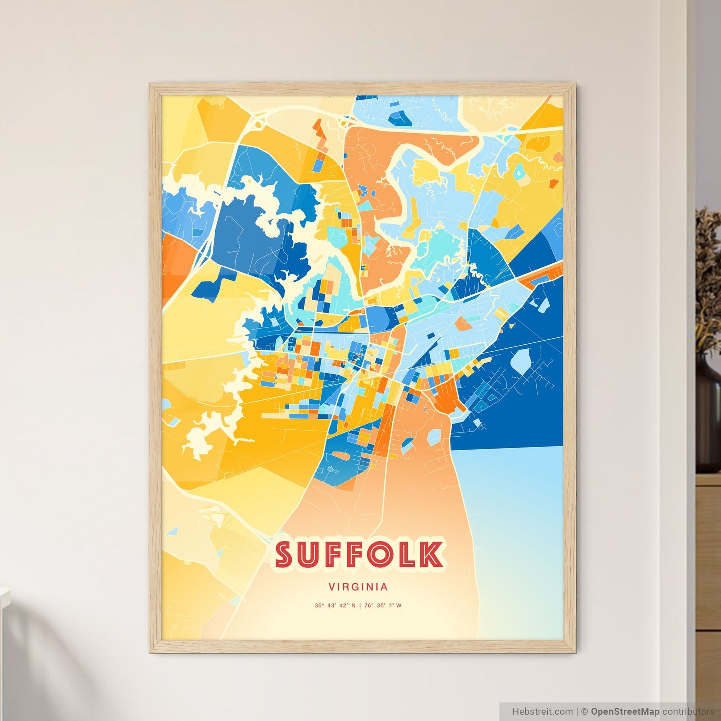 Colorful Suffolk Virginia Fine Art Map Blue Orange