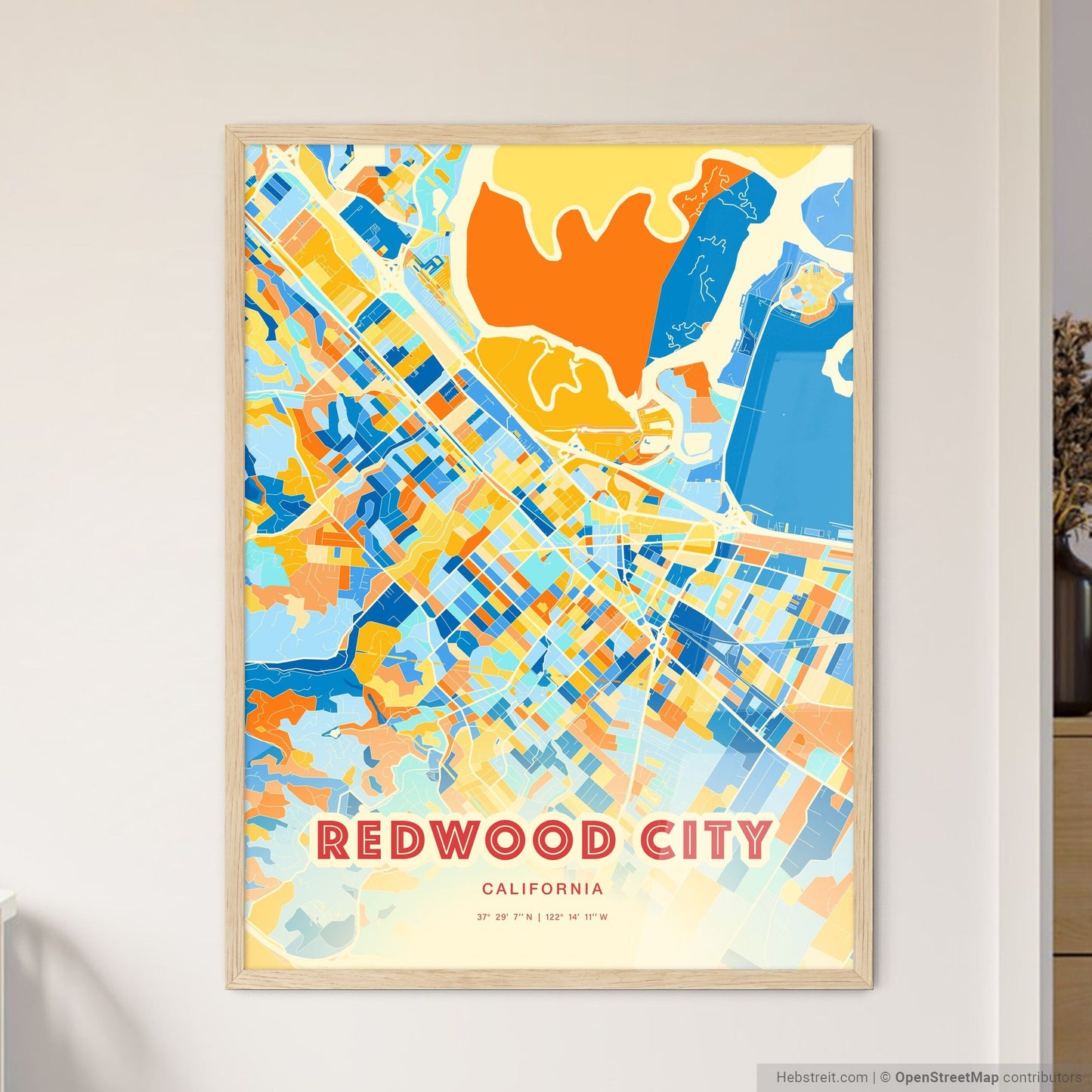 Colorful Redwood City California Fine Art Map Blue Orange