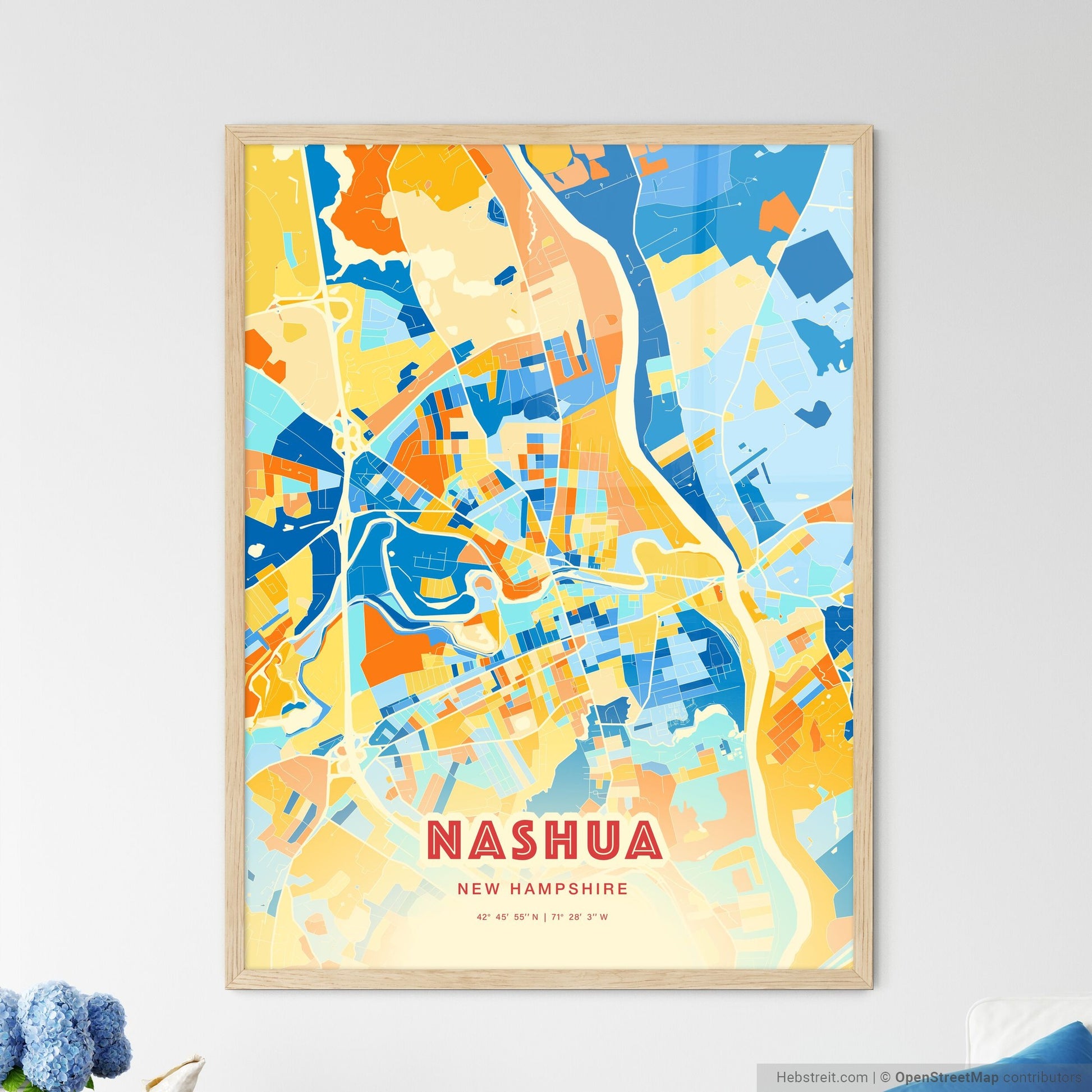Colorful Nashua New Hampshire Fine Art Map Blue Orange
