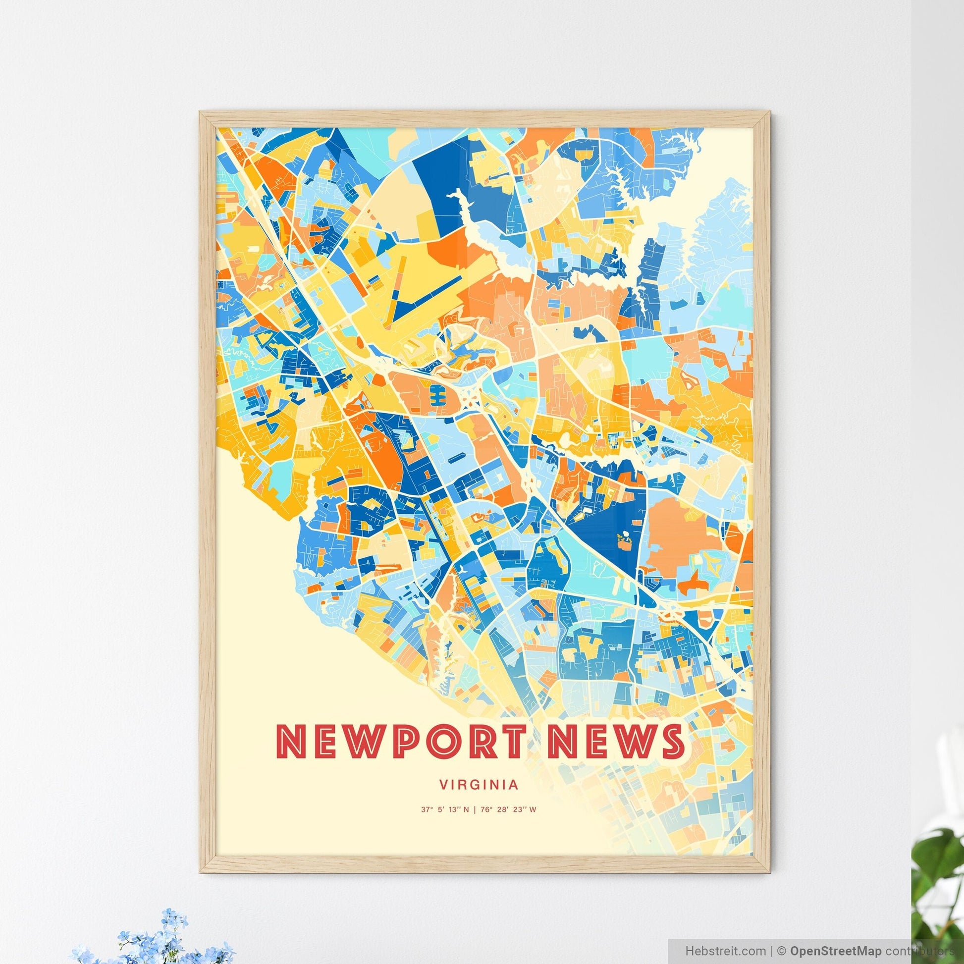 Colorful Newport News Virginia Fine Art Map Blue Orange