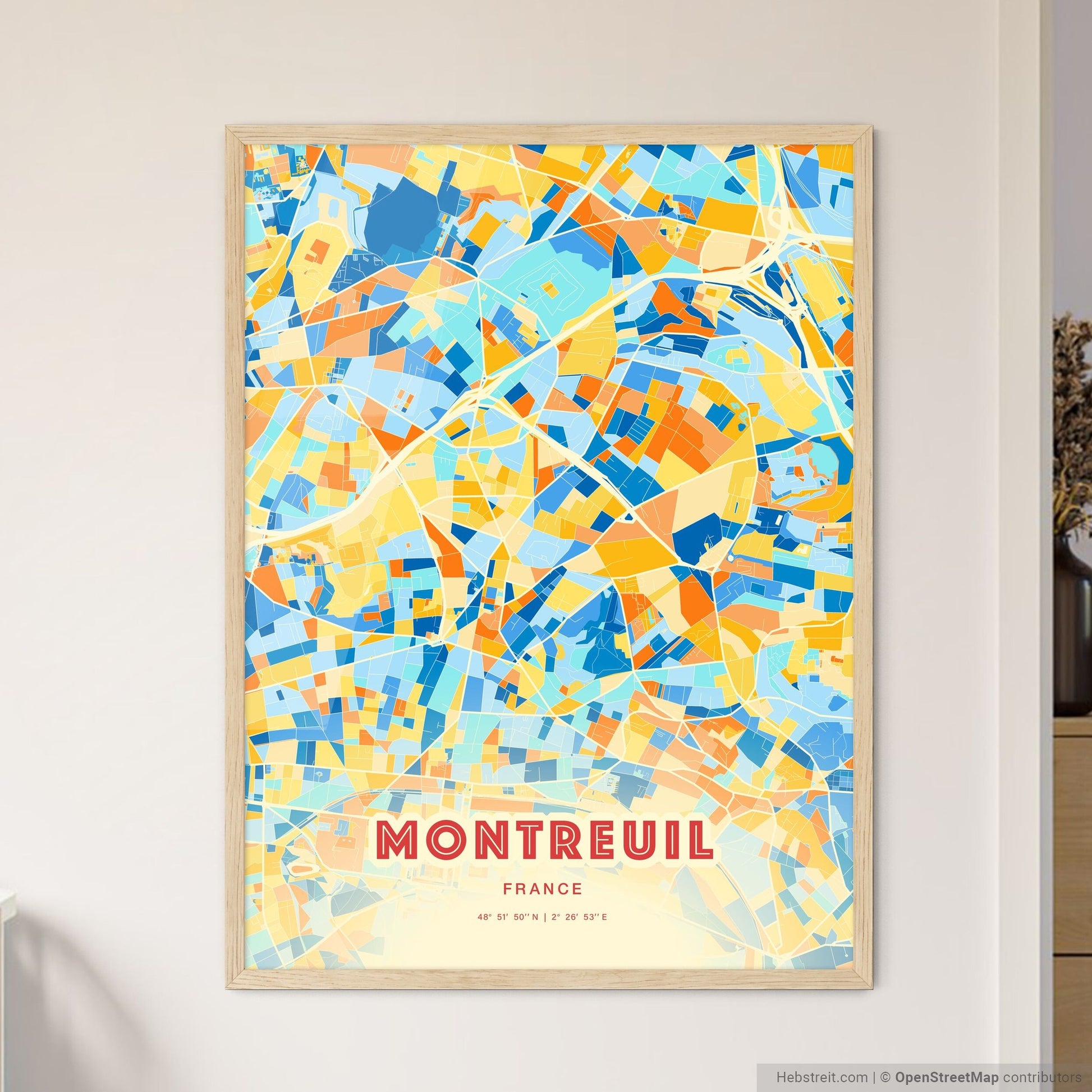 Colorful Montreuil France Fine Art Map Blue Orange