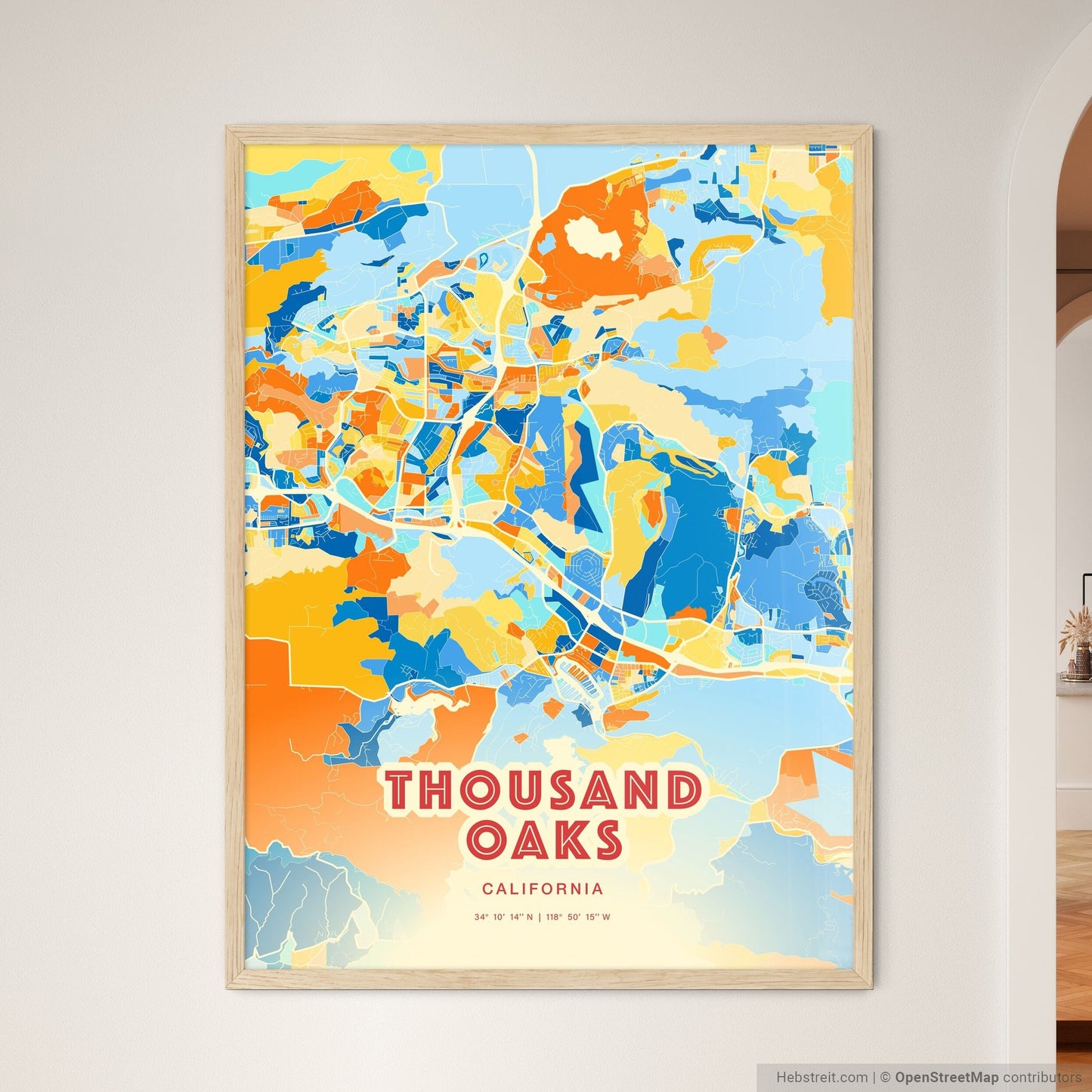 Colorful Thousand Oaks California Fine Art Map Blue Orange