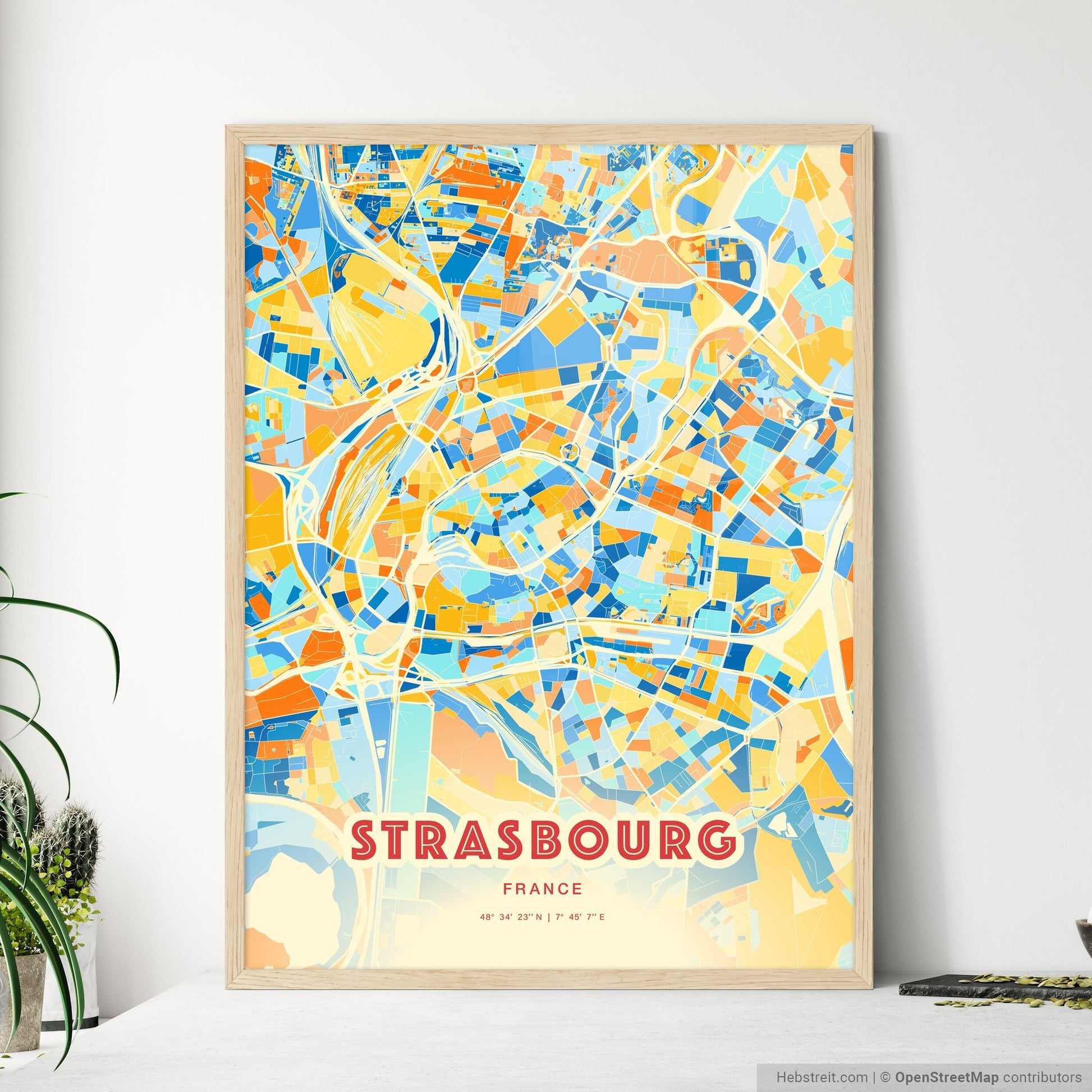 Colorful Strasbourg France Fine Art Map Blue Orange