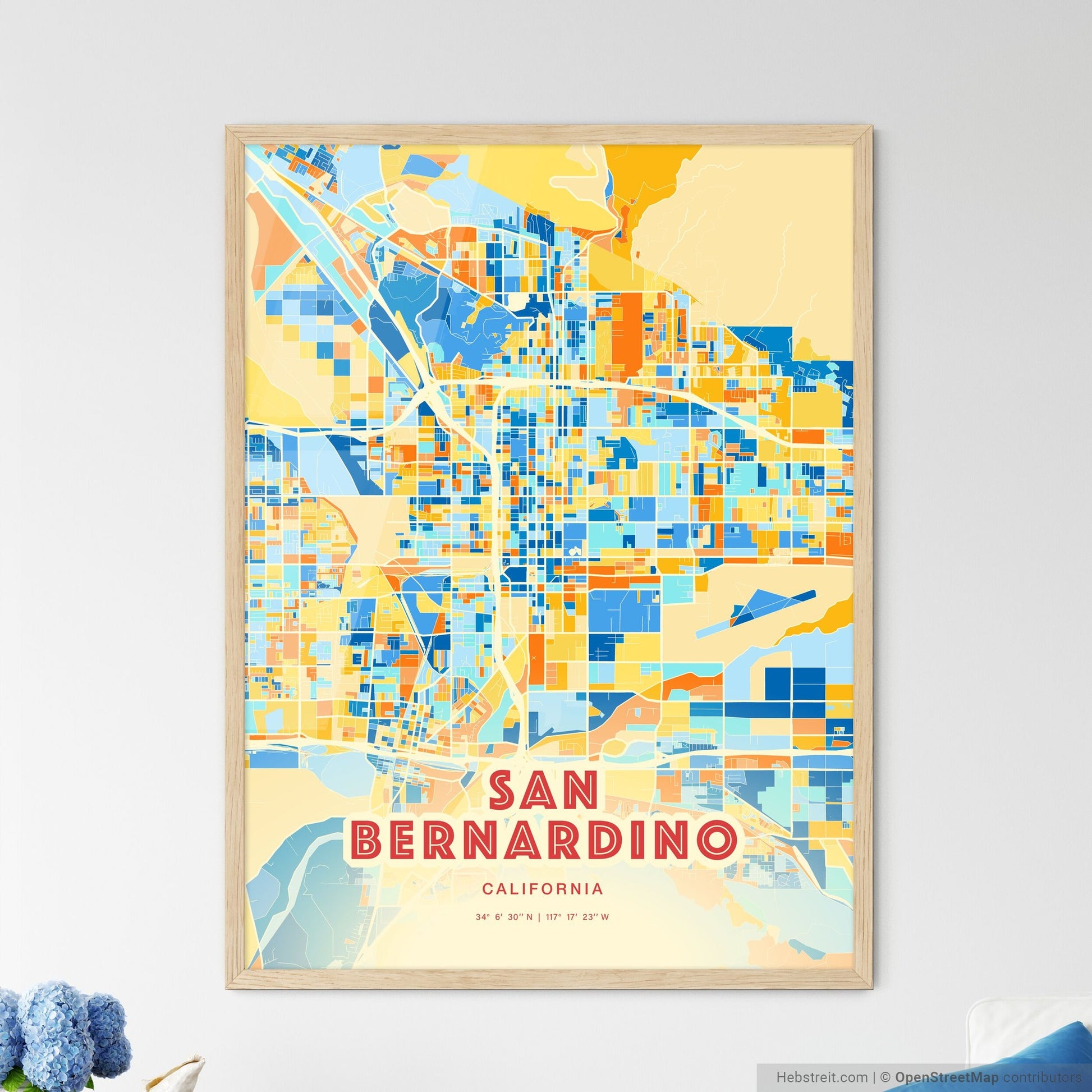 Colorful San Bernardino California Fine Art Map Blue Orange