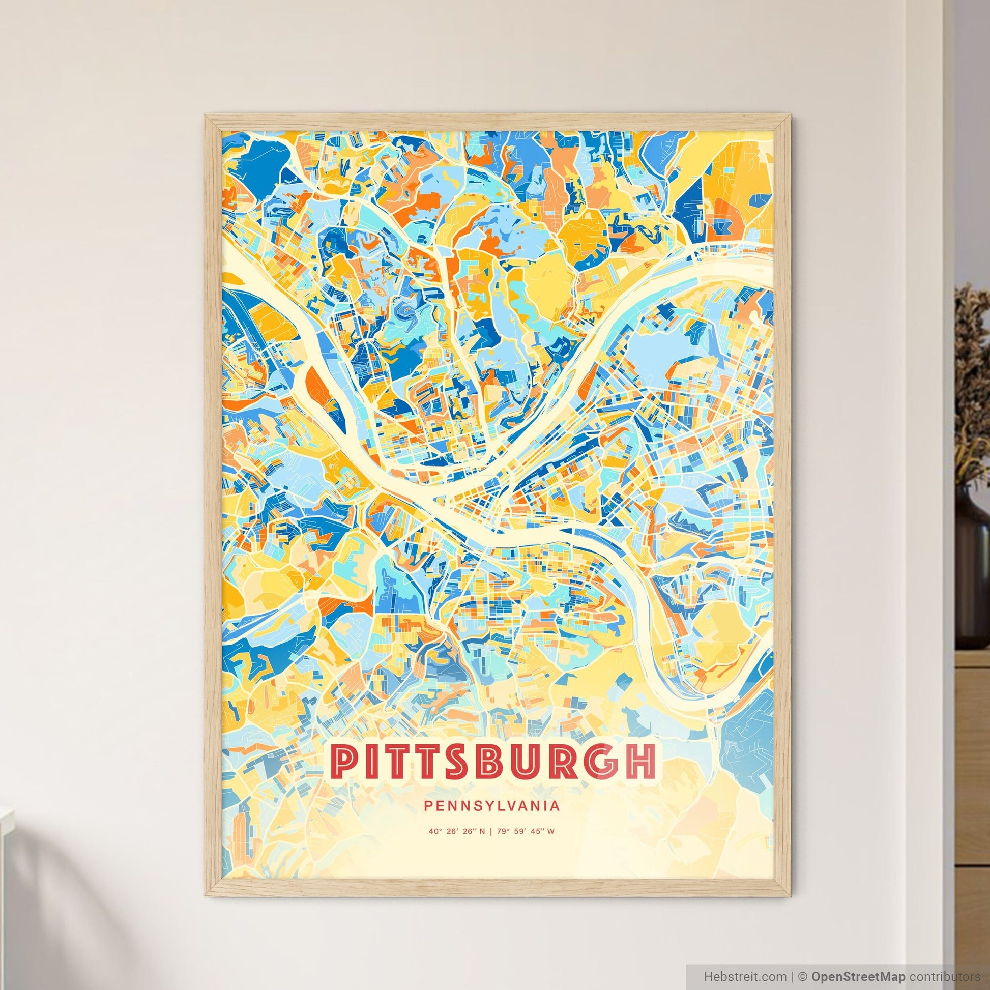 Colorful Pittsburgh Pennsylvania Fine Art Map Blue Orange