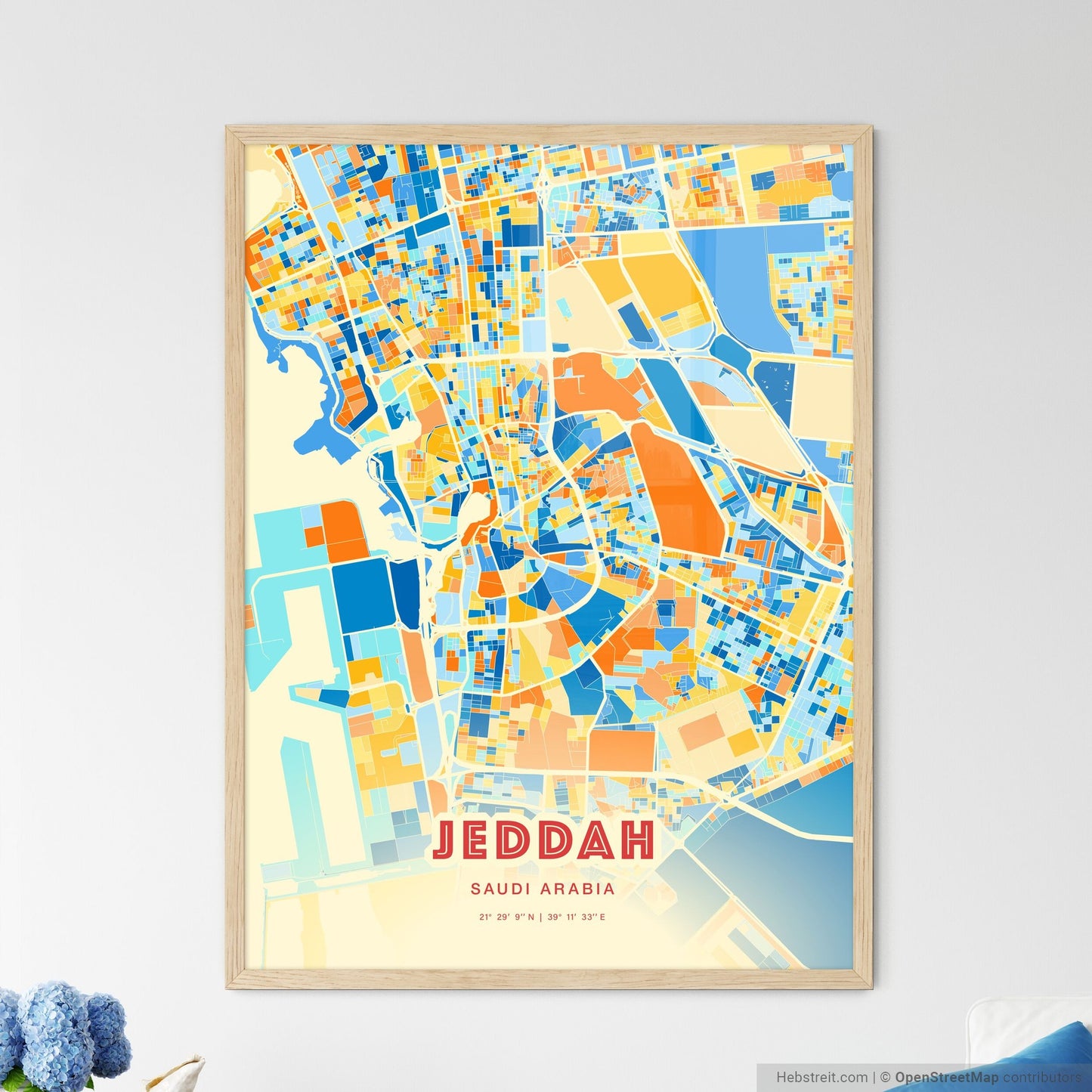 Colorful Jeddah Saudi Arabia Fine Art Map Blue Orange
