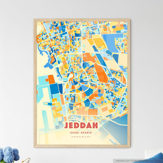 Colorful Jeddah Saudi Arabia Fine Art Map Blue Orange