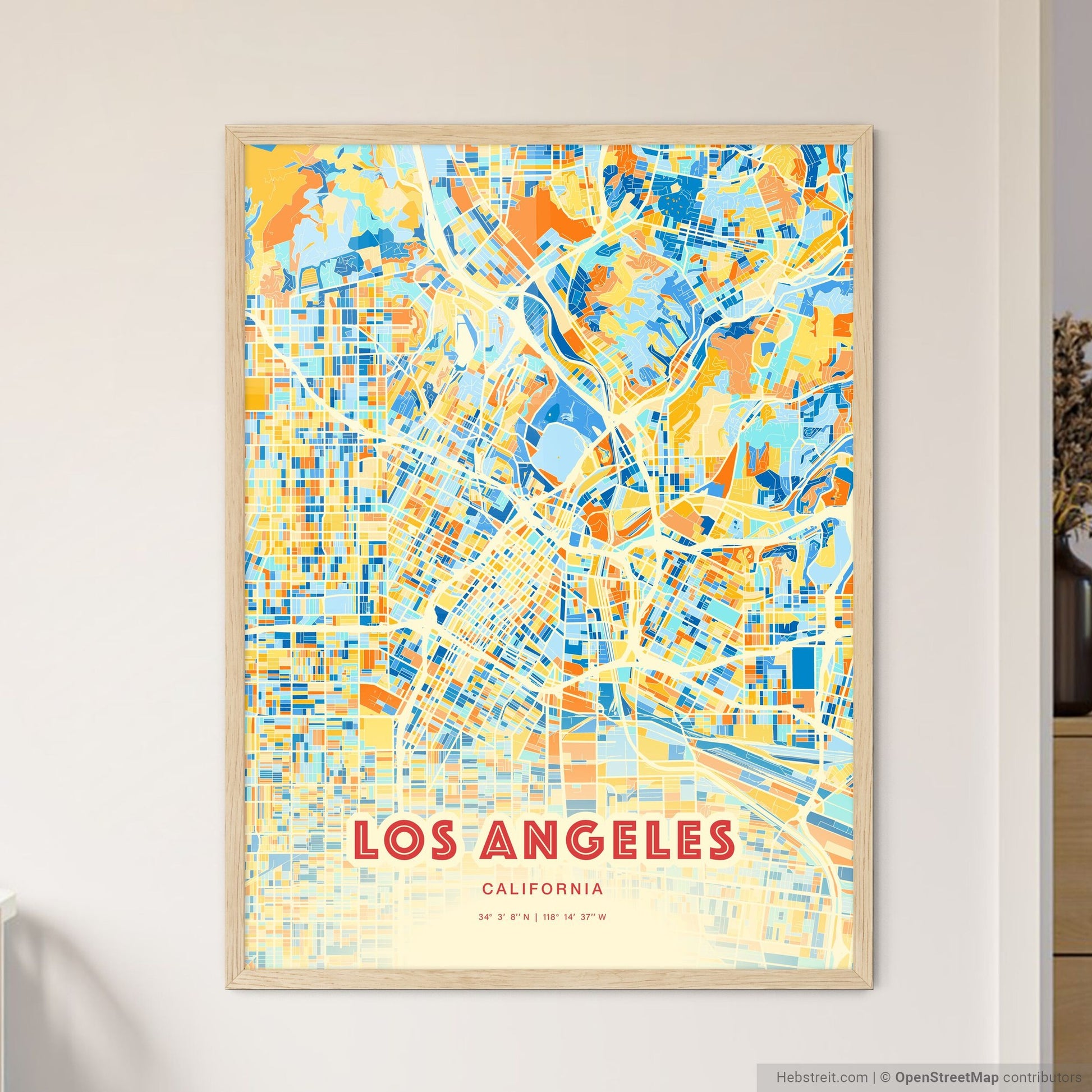 Colorful Los Angeles California Fine Art Map Blue Orange