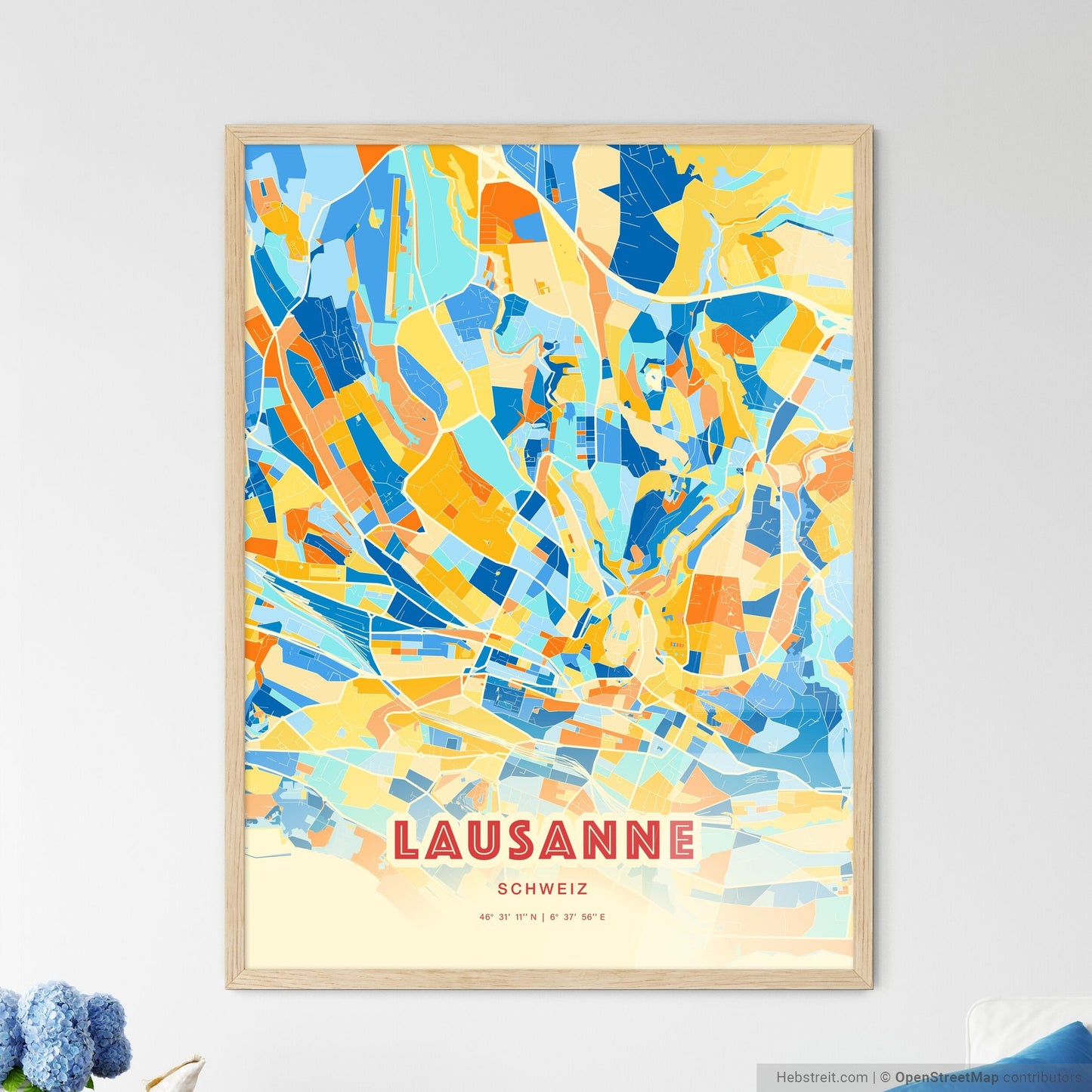 Colorful Lausanne Switzerland Fine Art Map Blue Orange