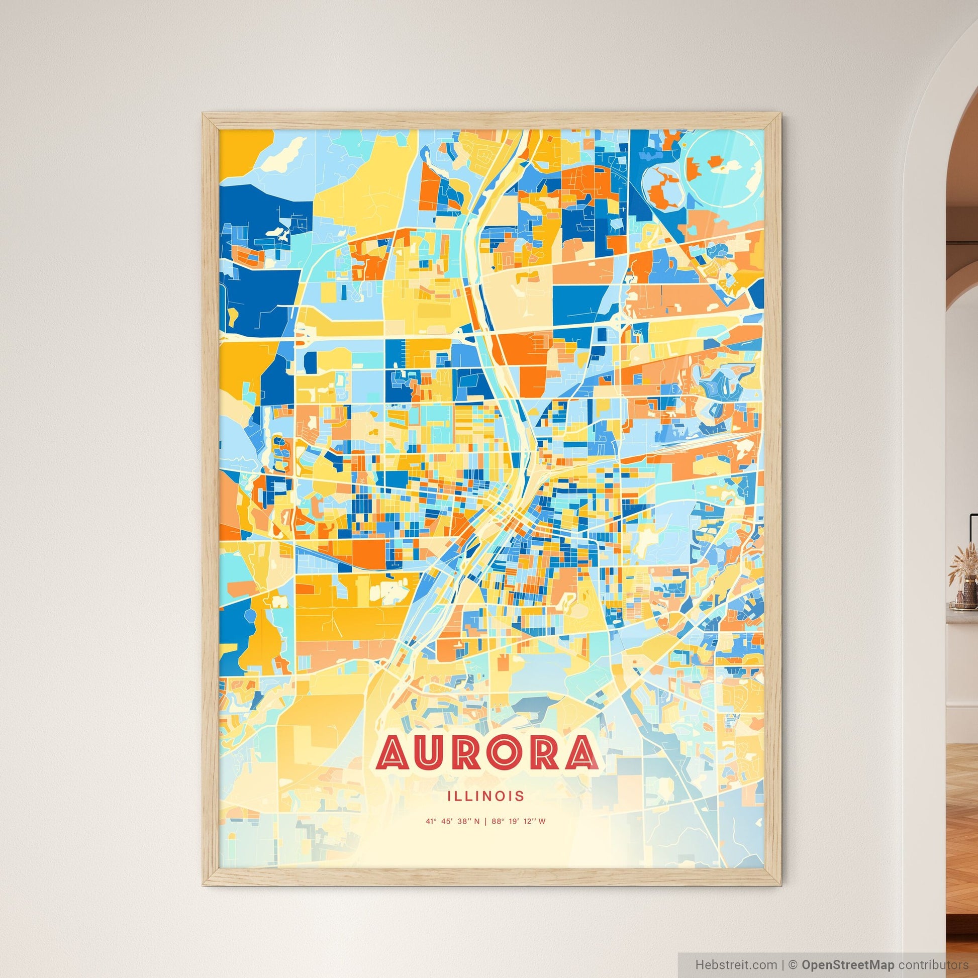 Colorful Aurora Illinois Fine Art Map Blue Orange