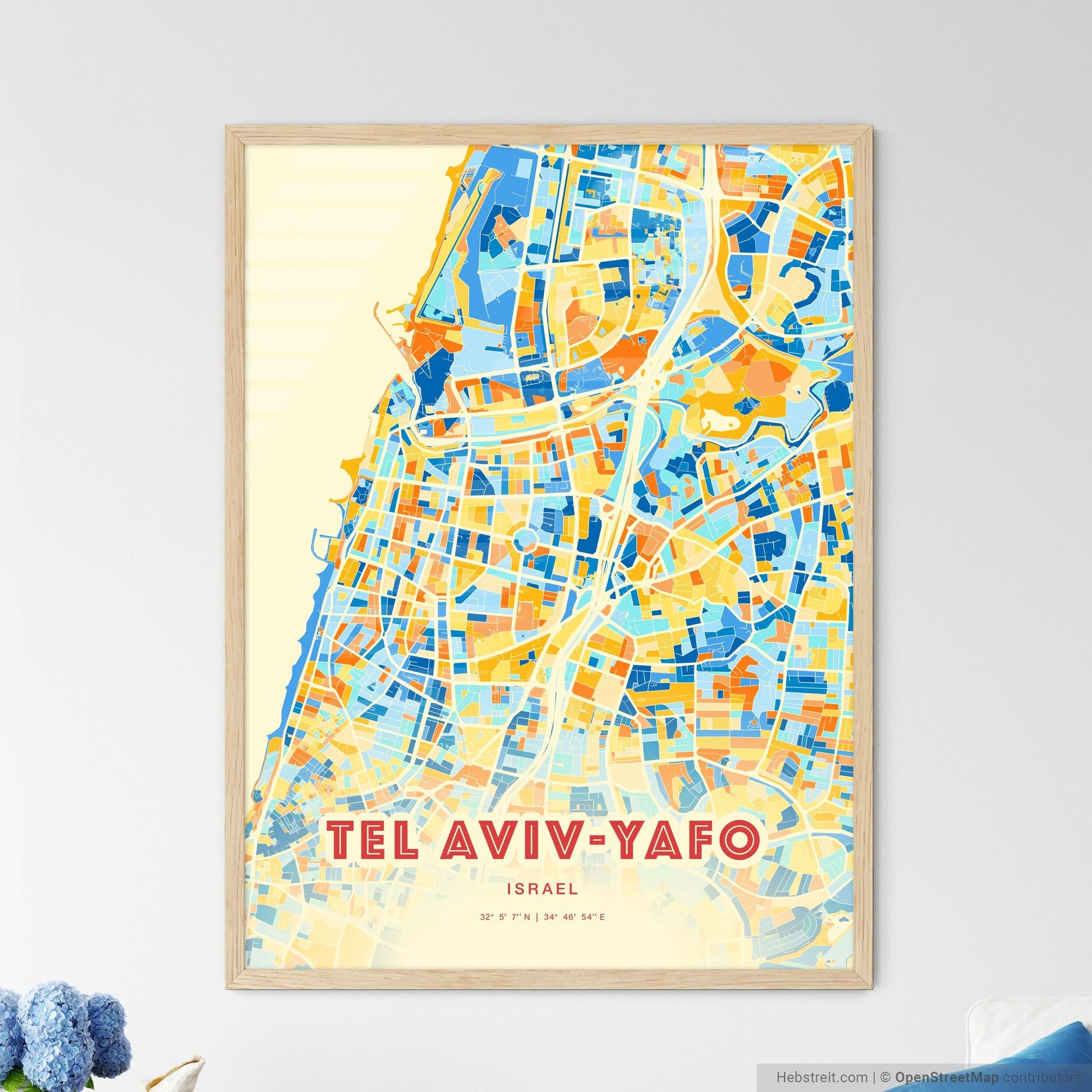 Colorful Tel Aviv-Yafo Israel Fine Art Map Blue Orange