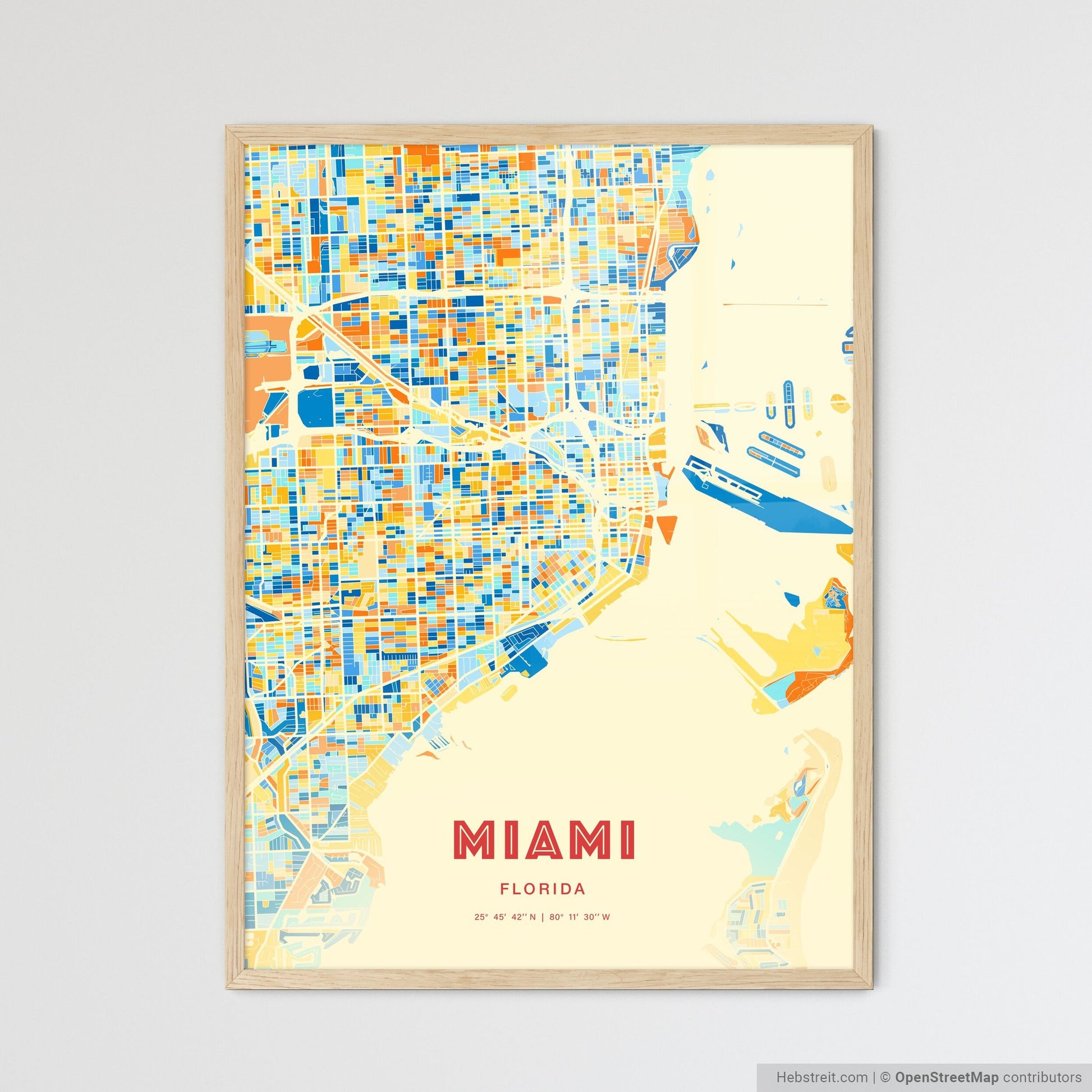 Colorful Miami Florida Fine Art Map Blue Orange