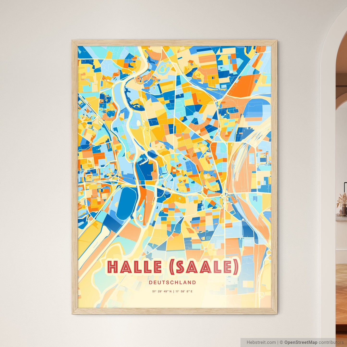 Colorful Halle (Saale) Germany Fine Art Map Blue Orange