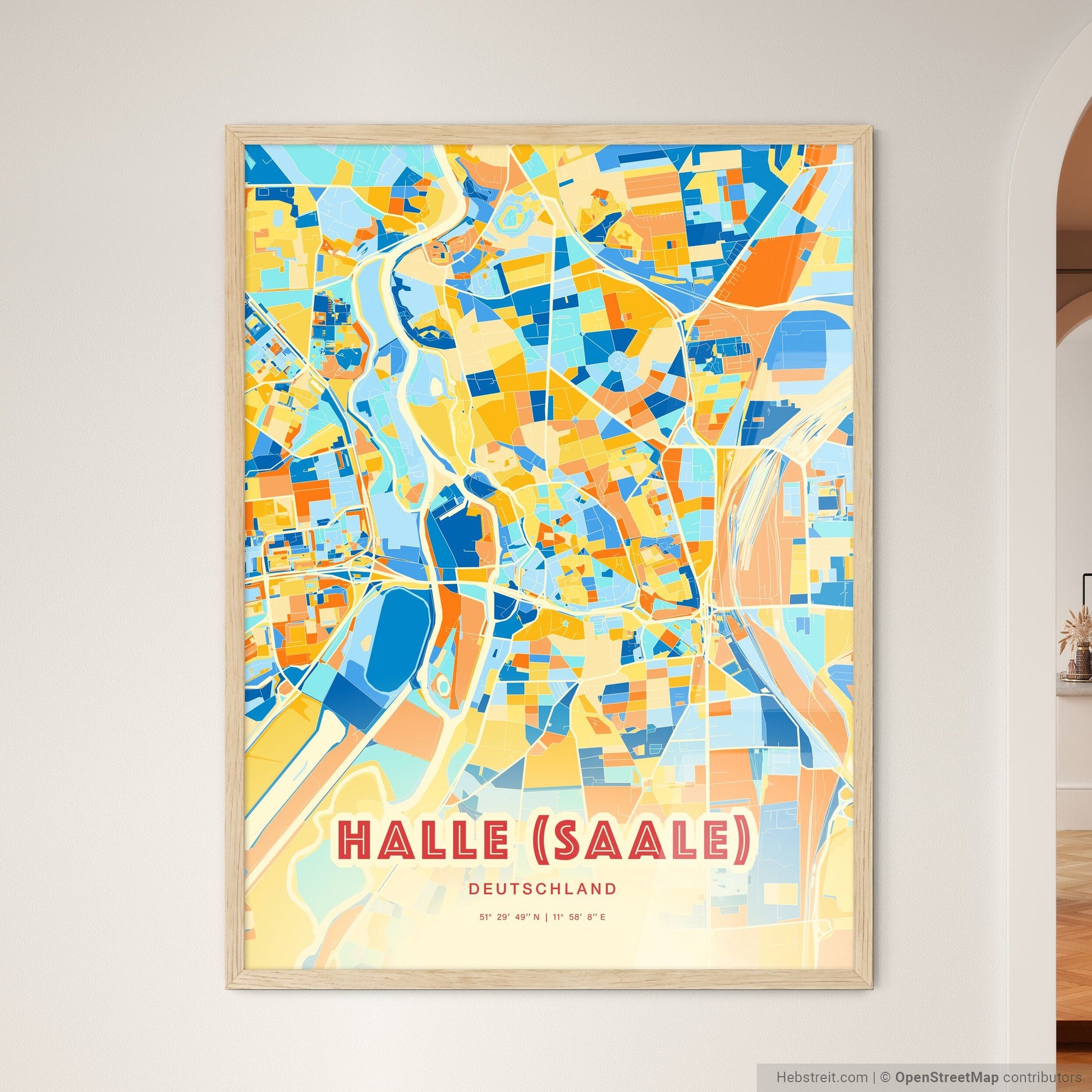 Colorful Halle (Saale) Germany Fine Art Map Blue Orange