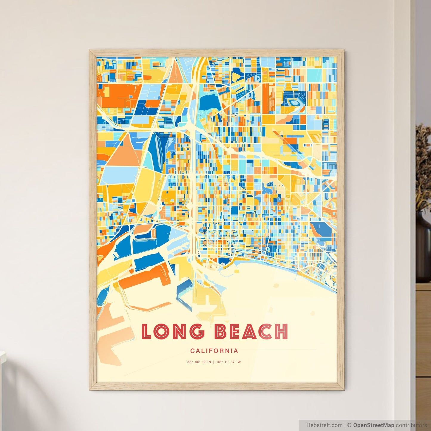 Colorful Long Beach California Fine Art Map Blue Orange